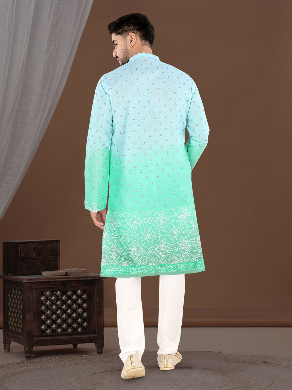 Sky Blue to Mint Green Ombre Ethnic Print Kurta (7081)