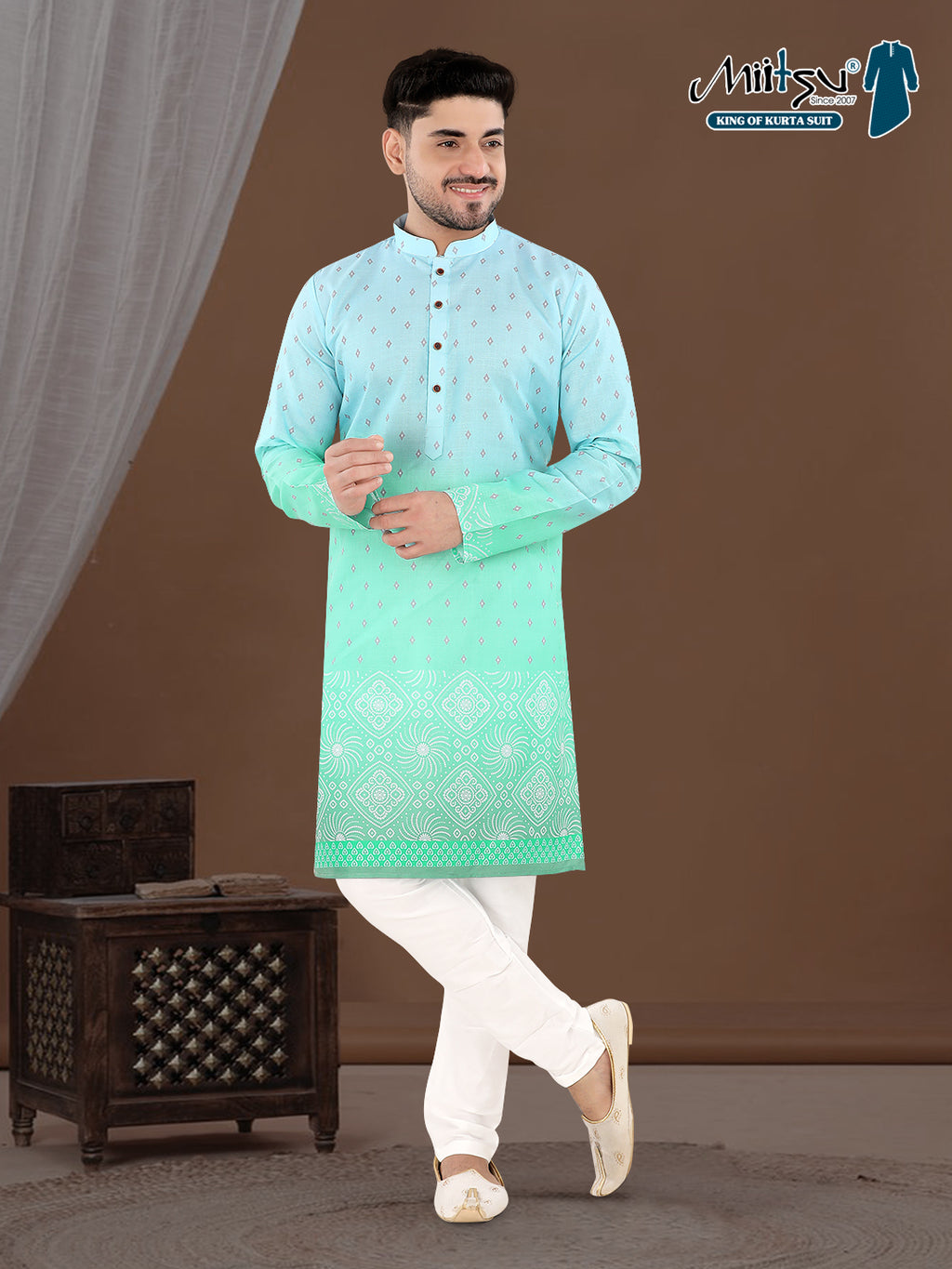 Sky Blue to Mint Green Ombre Ethnic Print Kurta (7081)