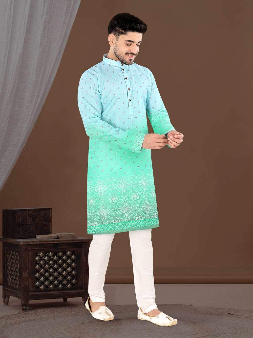 Sky Blue to Mint Green Ombre Ethnic Print Kurta (7081)