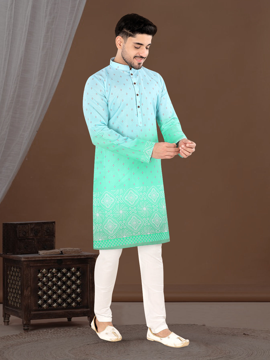 Sky Blue to Mint Green Ombre Ethnic Print Kurta (7081)