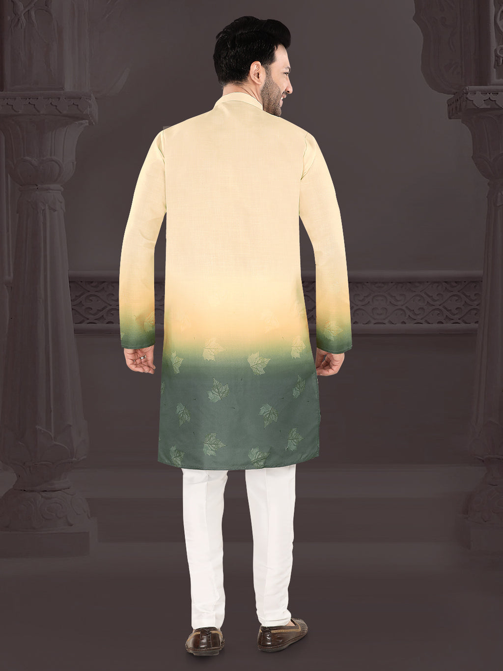 Cream & Olive Ombre Leaf Print Kurta (4582)