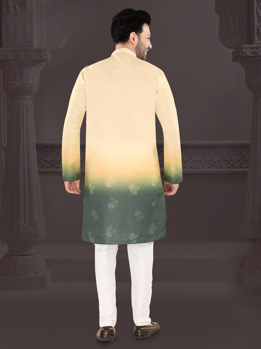 Cream & Olive Ombre Leaf Print Kurta (4582)