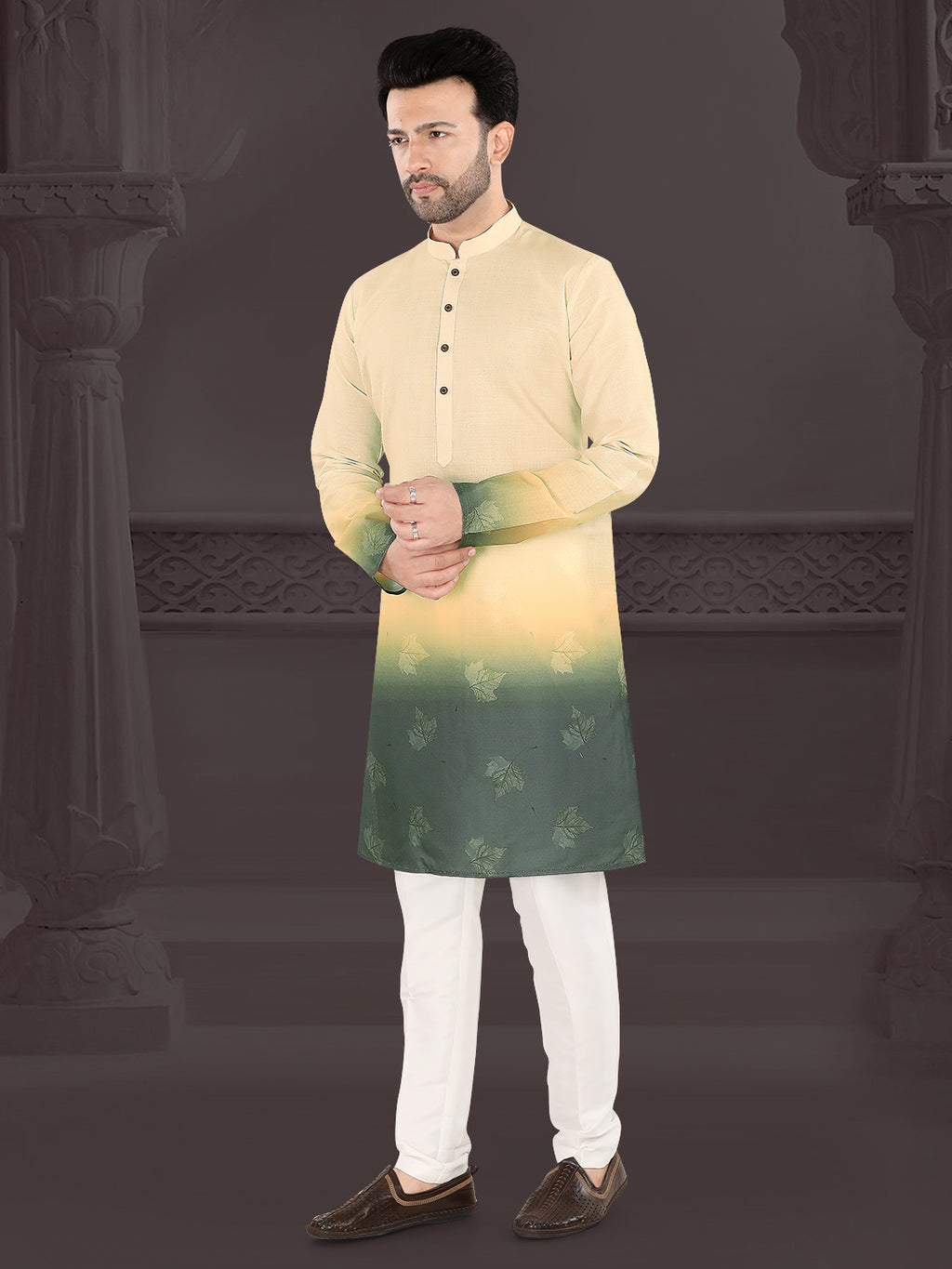 Cream & Olive Ombre Leaf Print Kurta (4582)