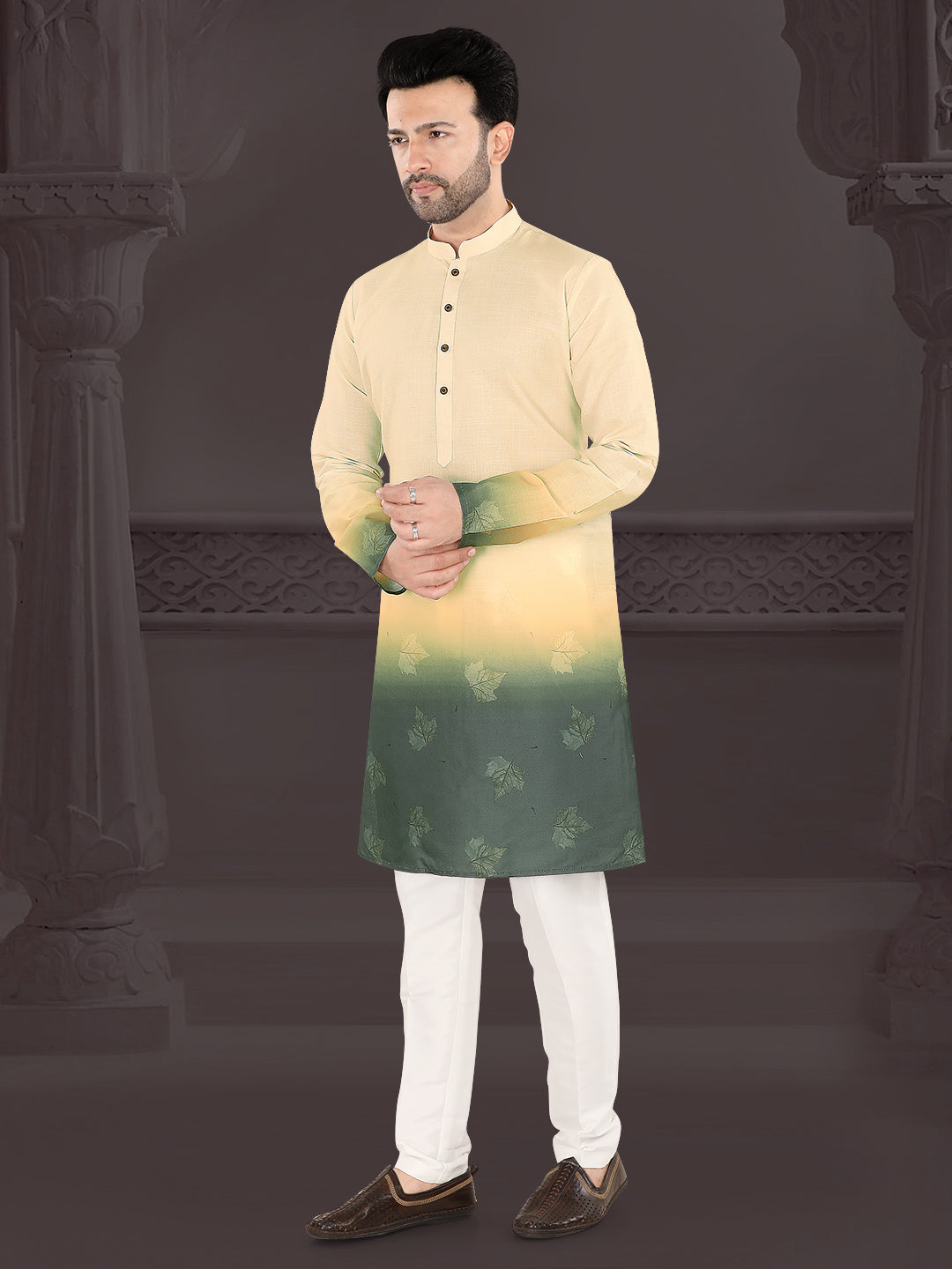 Cream & Olive Ombre Leaf Print Kurta (4582)