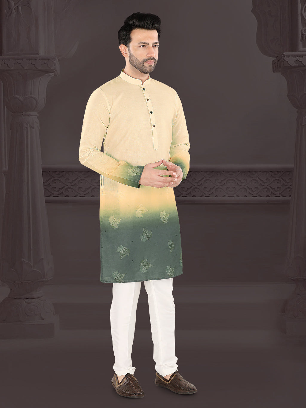 Cream & Olive Ombre Leaf Print Kurta (4582)