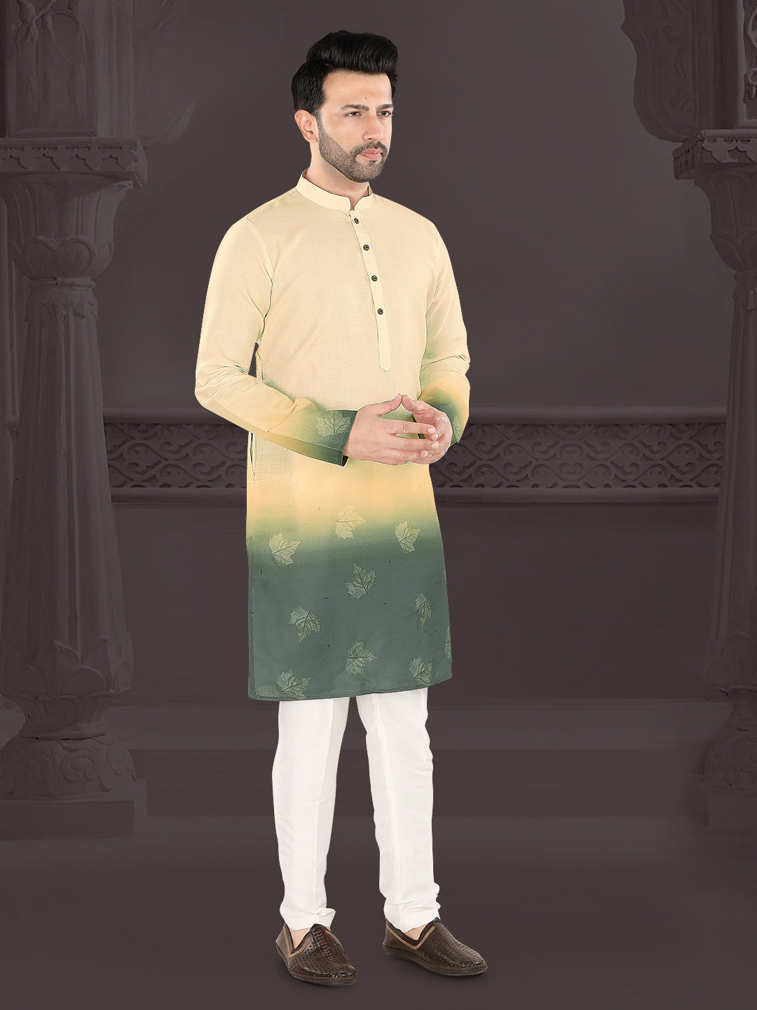 Cream & Olive Ombre Leaf Print Kurta (4582)