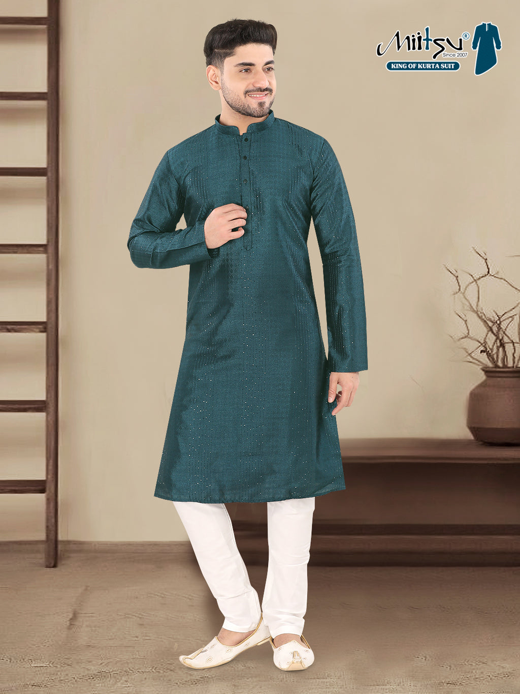 Teal Blue Textured Festive Kurta – Regal Ethnic Style for Men (4250)