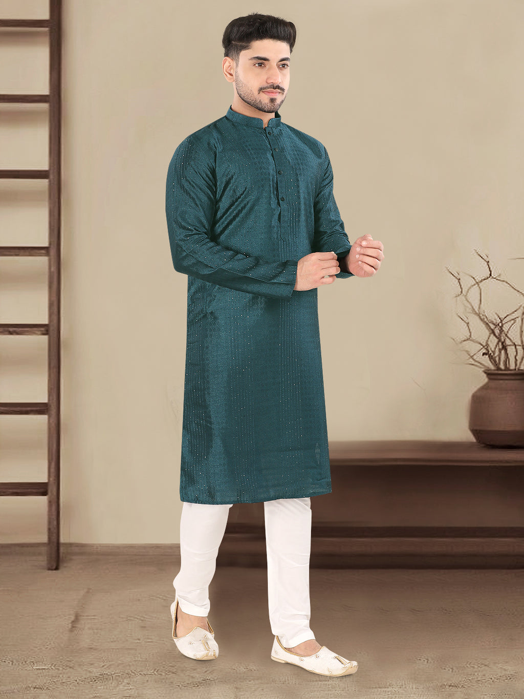 Teal Blue Textured Festive Kurta – Regal Ethnic Style for Men (4250)