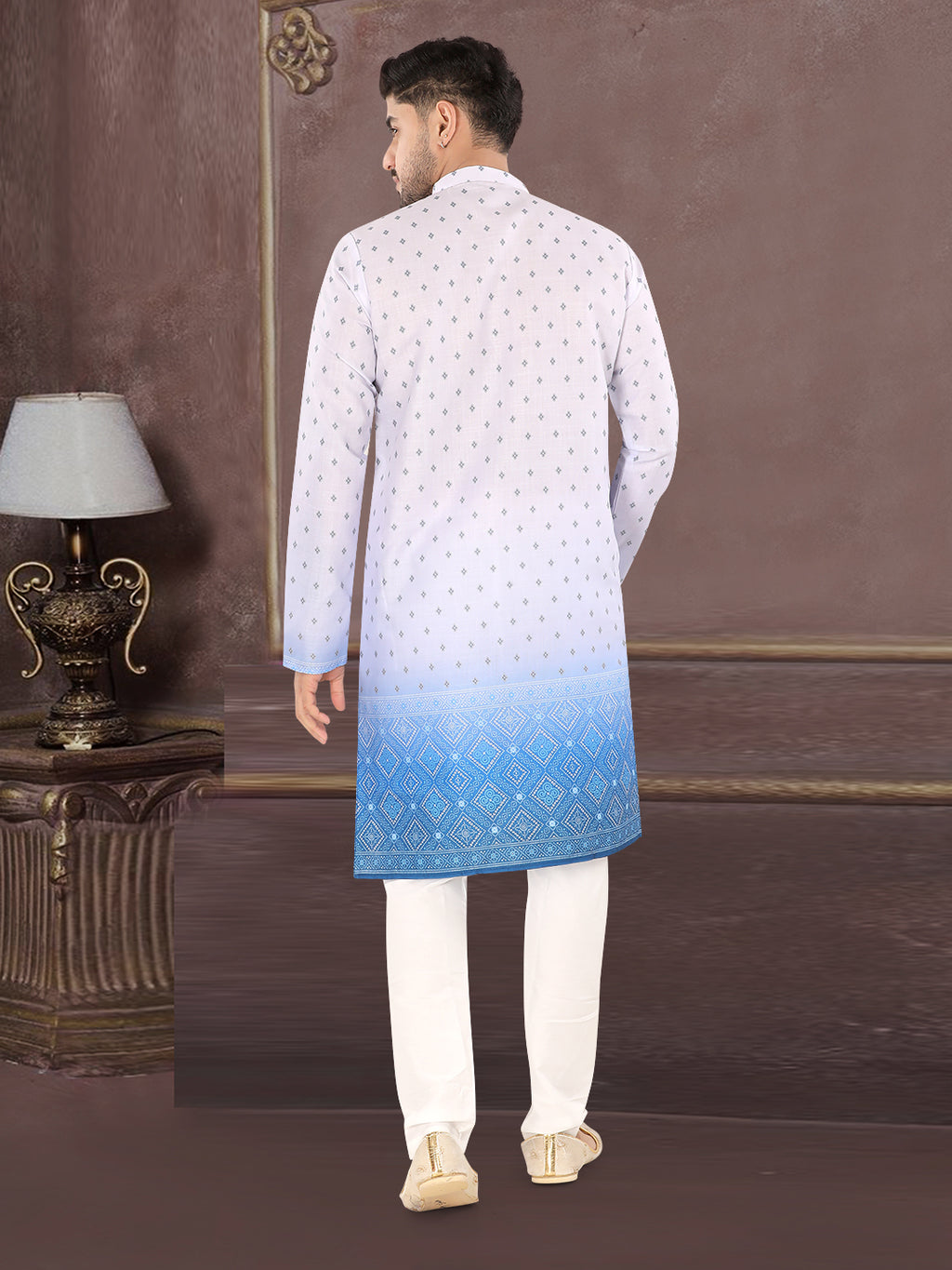 Sky Blue Printed Kurta Set with Elegant Woven Border (1939)
