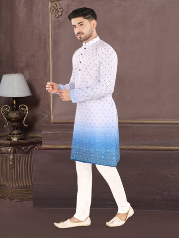Sky Blue Printed Kurta Set with Elegant Woven Border (1939)