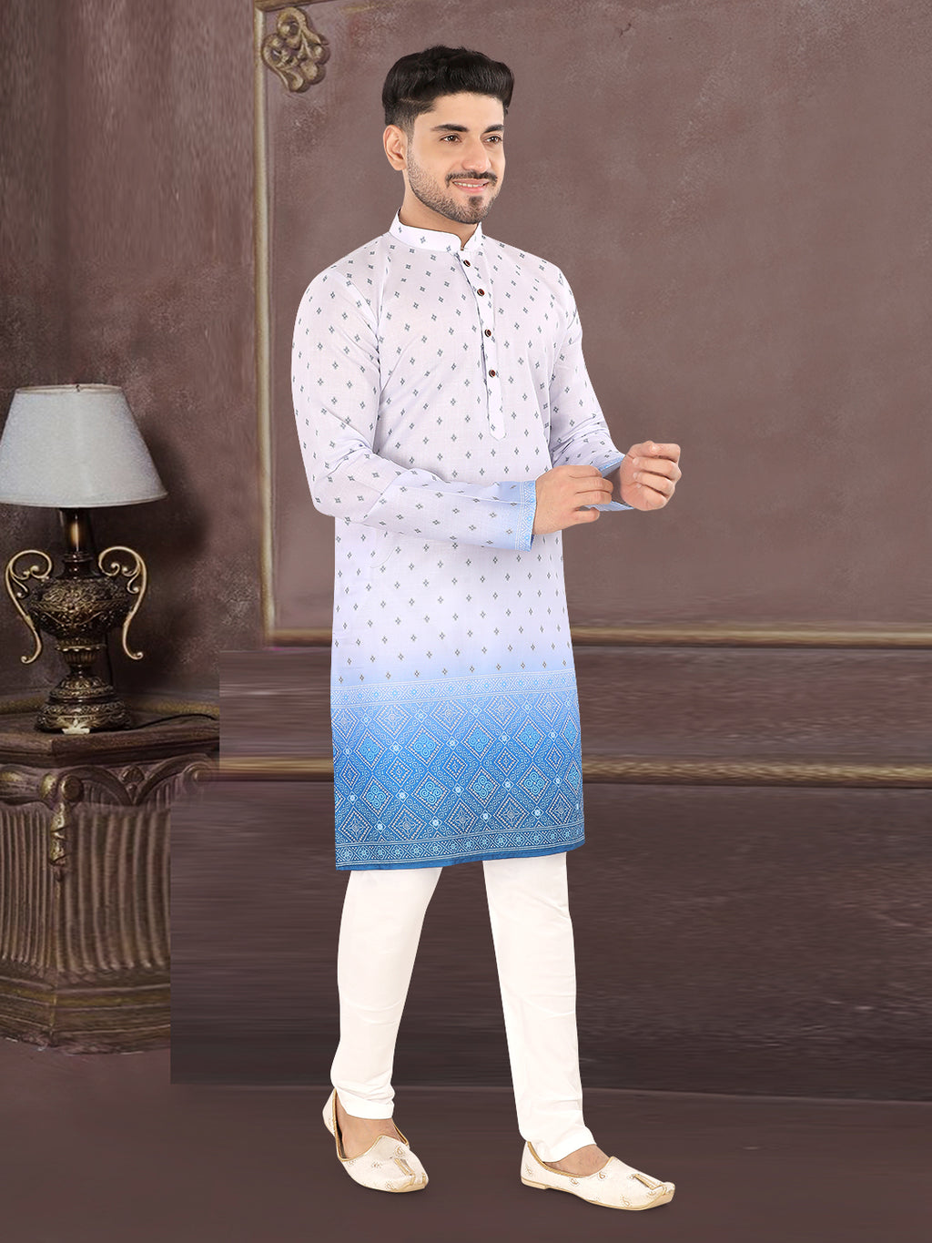 Sky Blue Printed Kurta Set with Elegant Woven Border (1939)