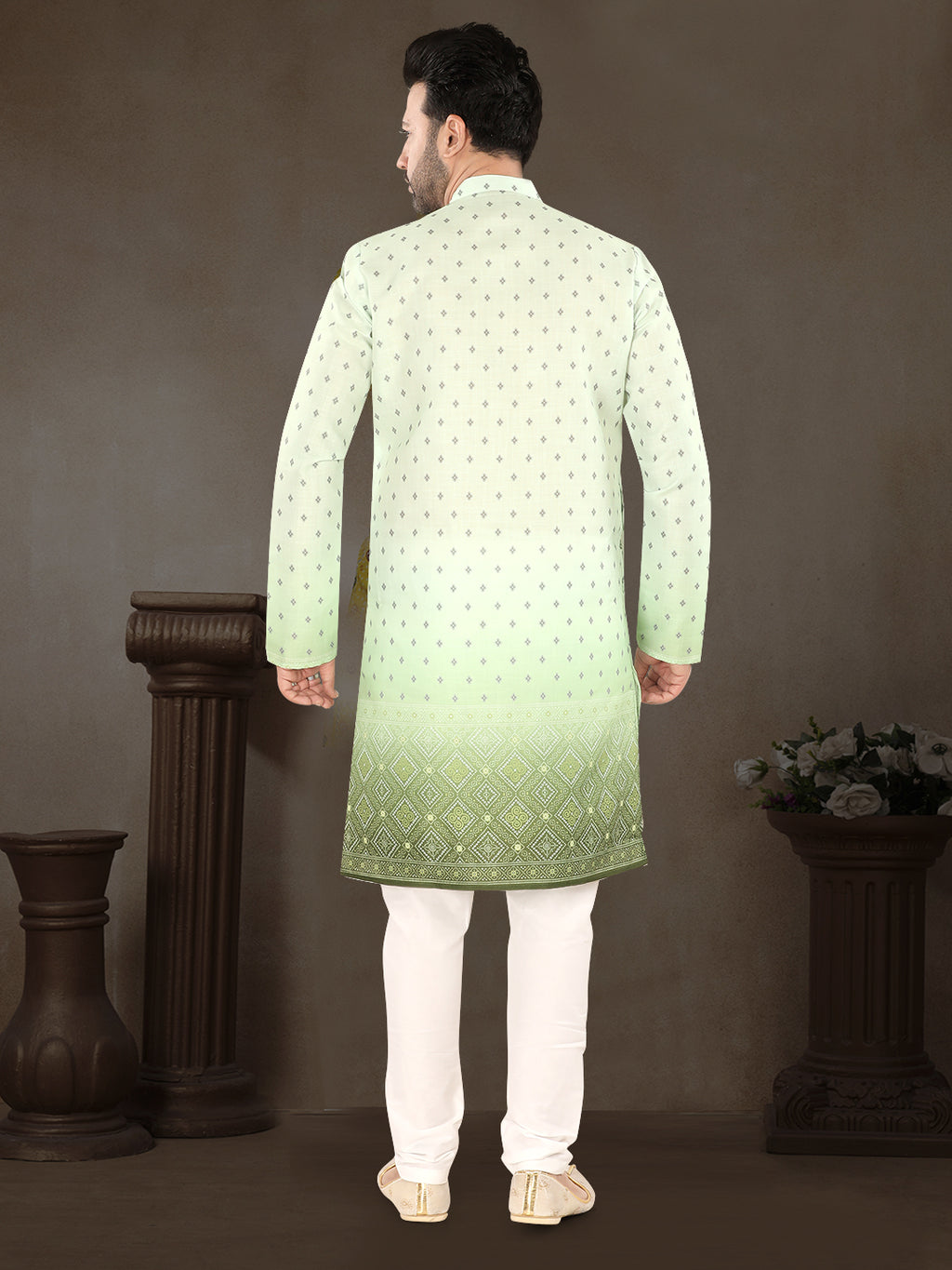 Pista Green Printed Kurta Set with Elegant Contrast Border (1939)
