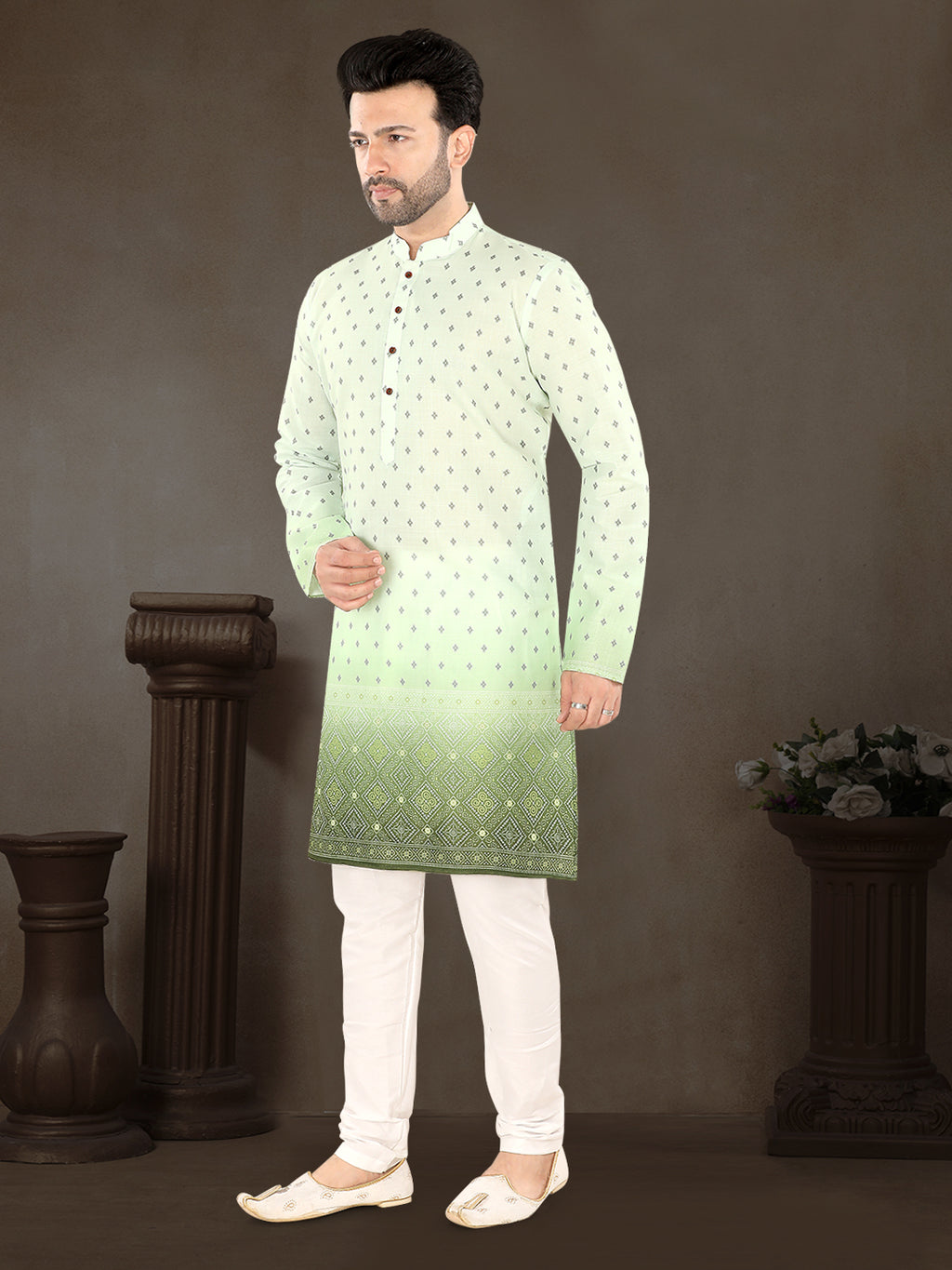 Pista Green Printed Kurta Set with Elegant Contrast Border (1939)