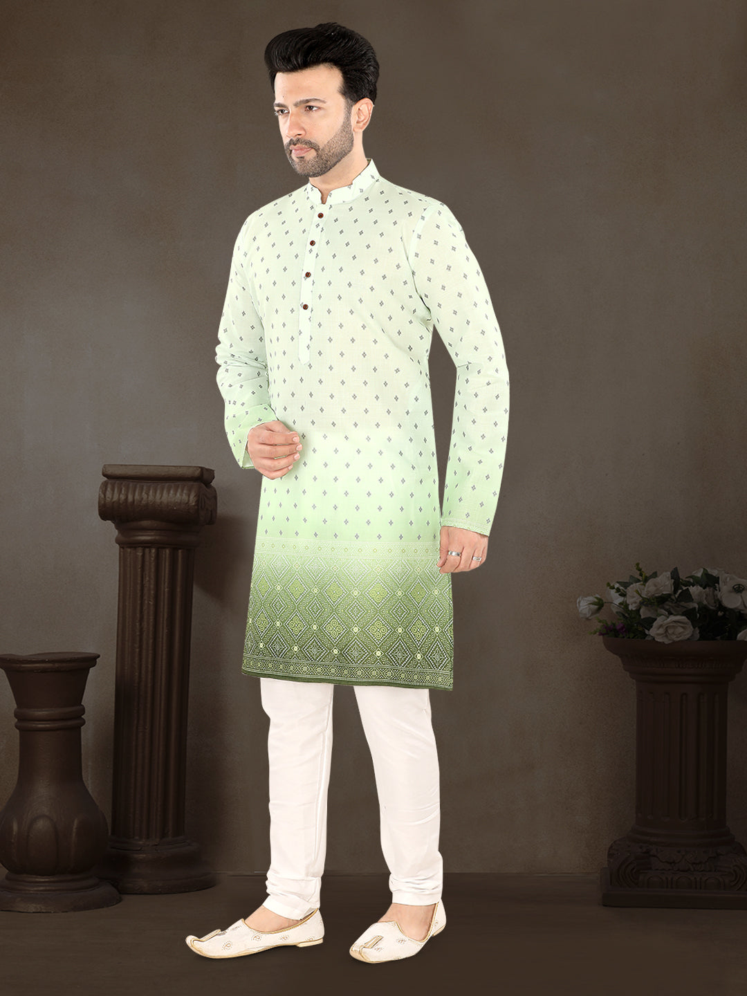 Pista Green Printed Kurta Set with Elegant Contrast Border (1939)