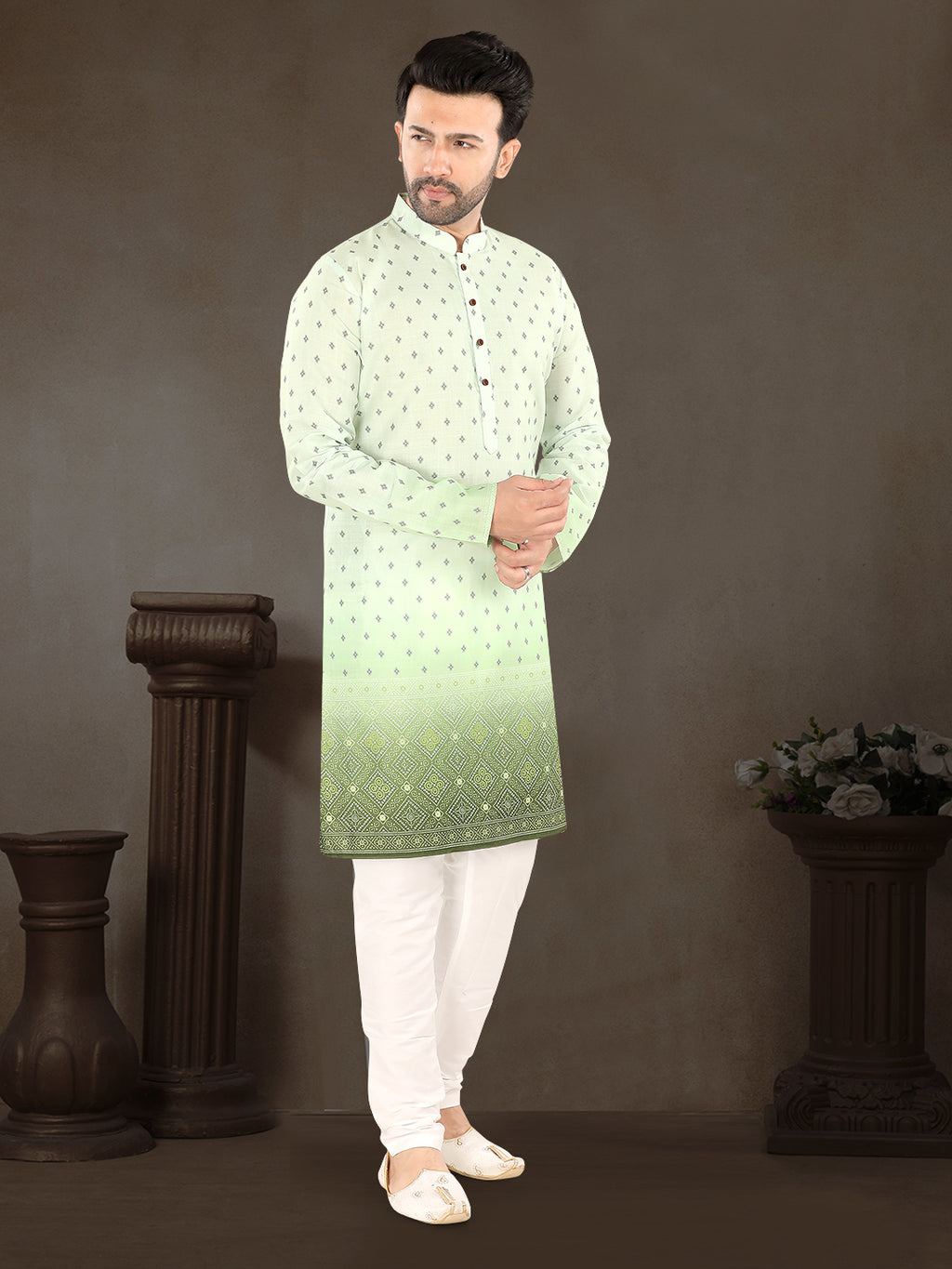Pista Green Printed Kurta Set with Elegant Contrast Border (1939)