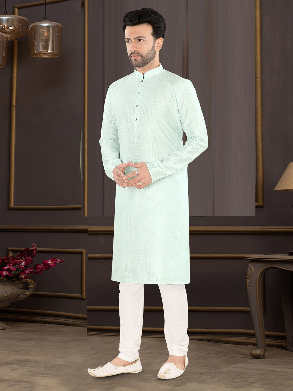Light Sky Blue Textured Festive Kurta – Classic Ethnic Elegance for Men (4250)