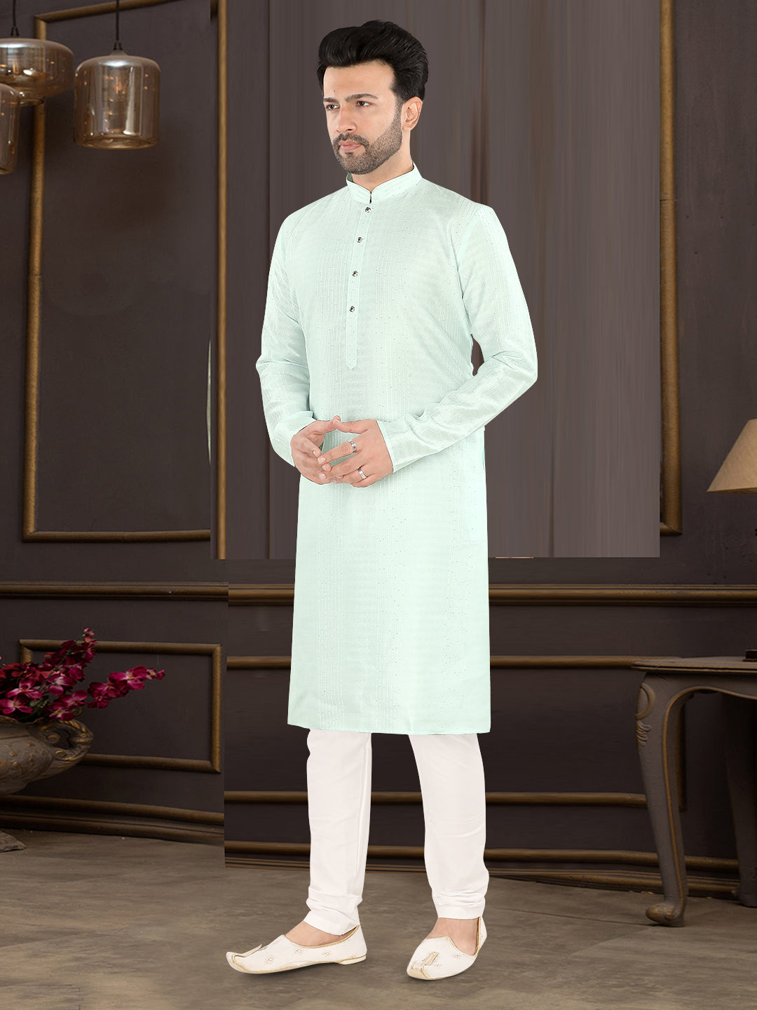 Light Sky Blue Textured Festive Kurta – Classic Ethnic Elegance for Men (4250)
