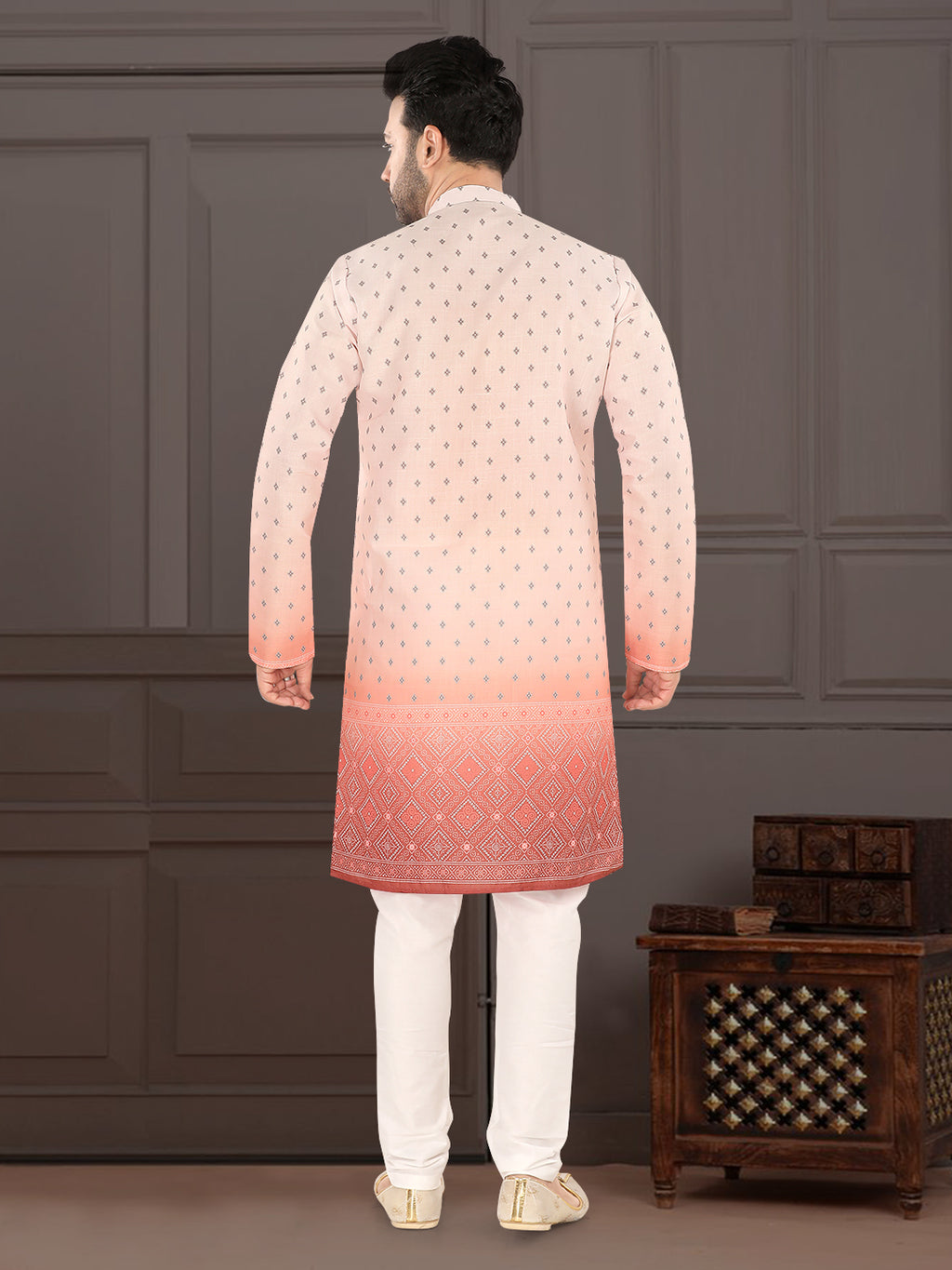 Light Peach Printed Kurta Set with Contrast Border (1939)