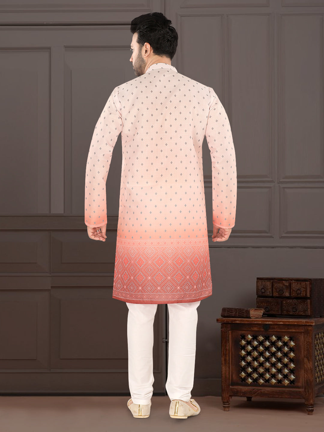 Light Peach Printed Kurta Set with Contrast Border (1939)