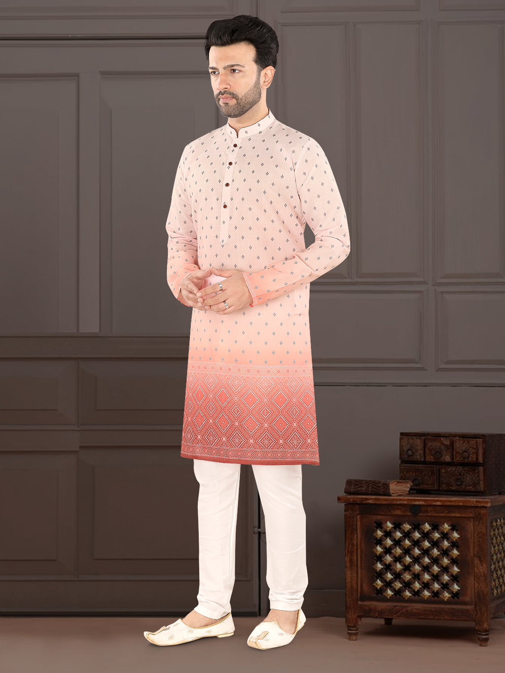 Light Peach Printed Kurta Set with Contrast Border (1939)