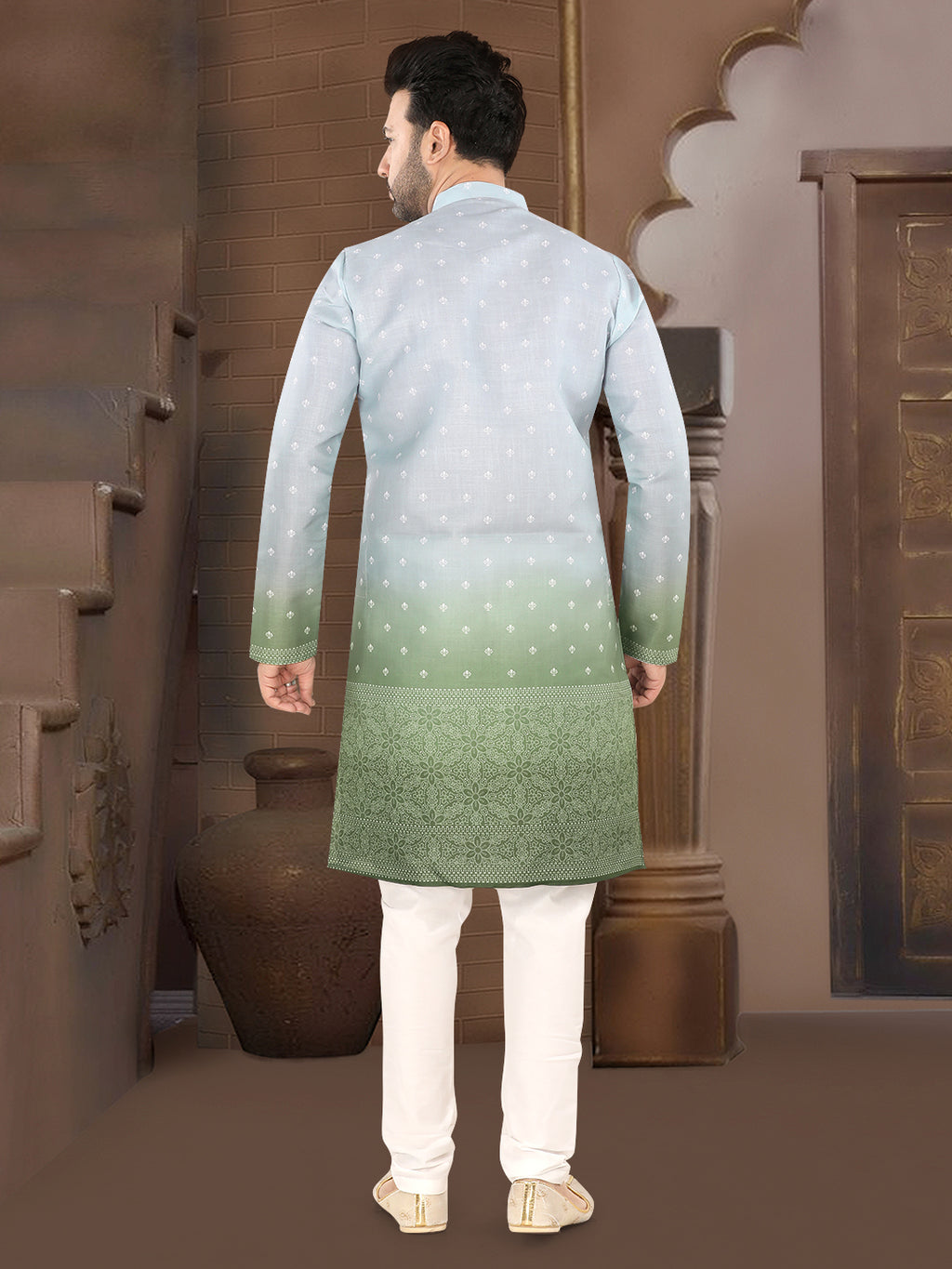 Sky Blue to Pista Green Ombre Woven Design Kurta (7078)