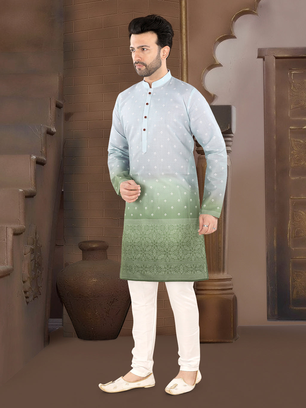 Sky Blue to Pista Green Ombre Woven Design Kurta (7078)