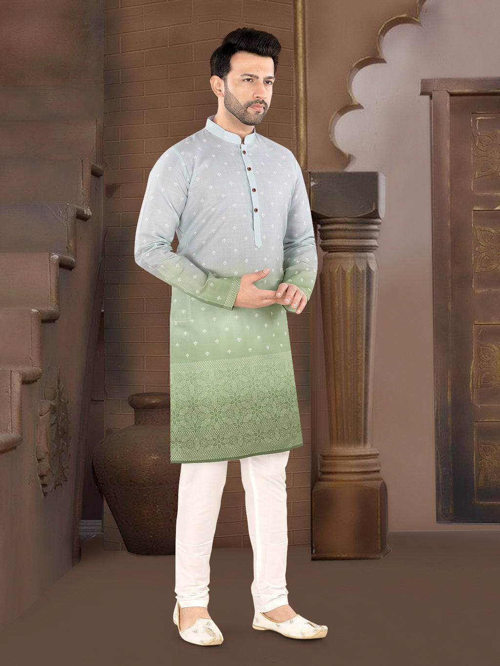 Sky Blue to Pista Green Ombre Woven Design Kurta (7078)