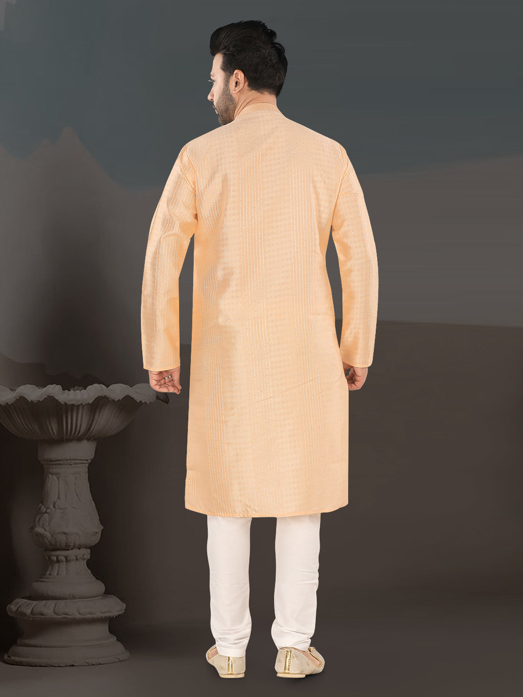 Soft Orange Textured Festive Kurta – Elegant Ethnic Wear for Men (4250)