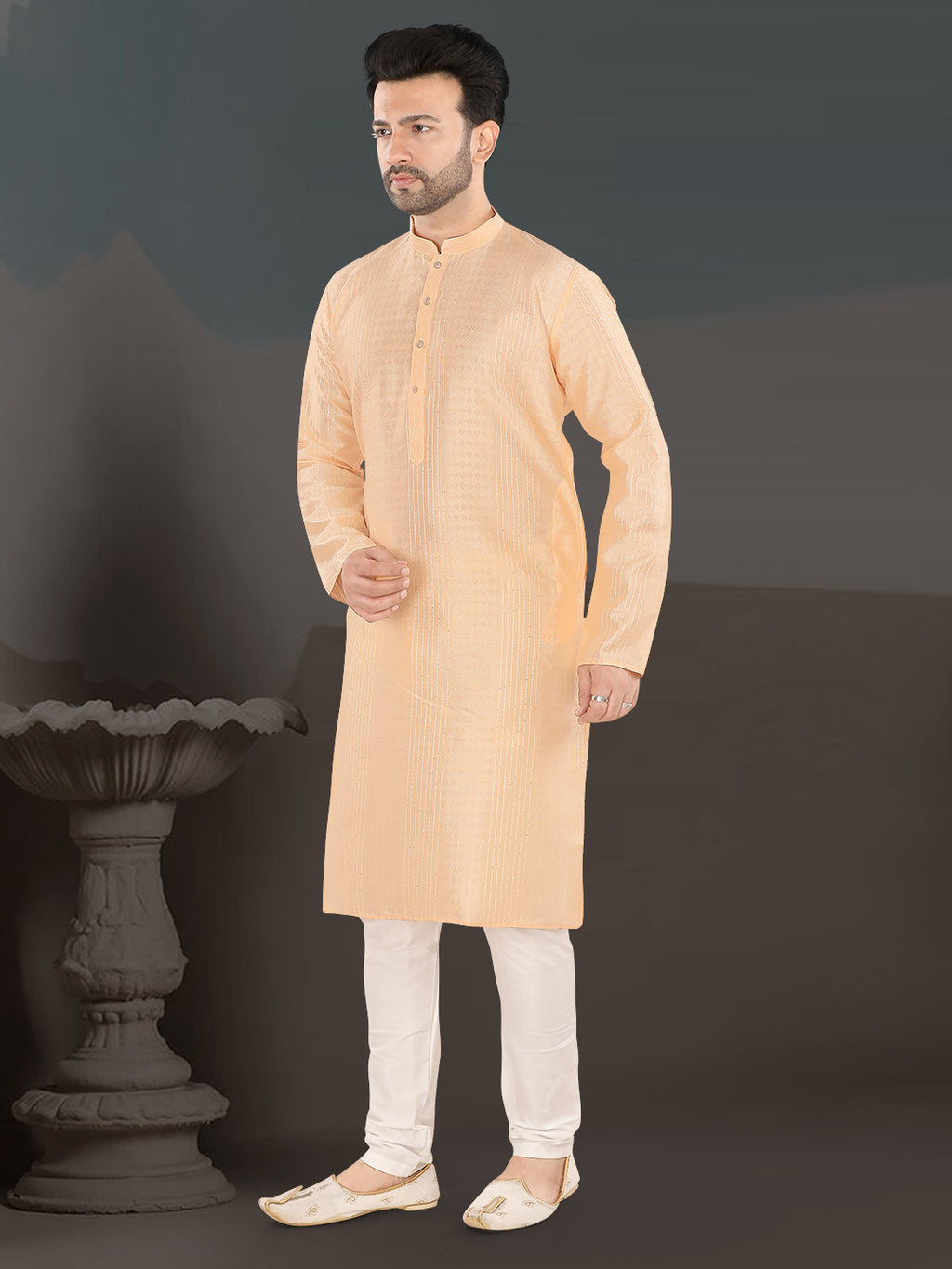 Soft Orange Textured Festive Kurta – Elegant Ethnic Wear for Men (4250)