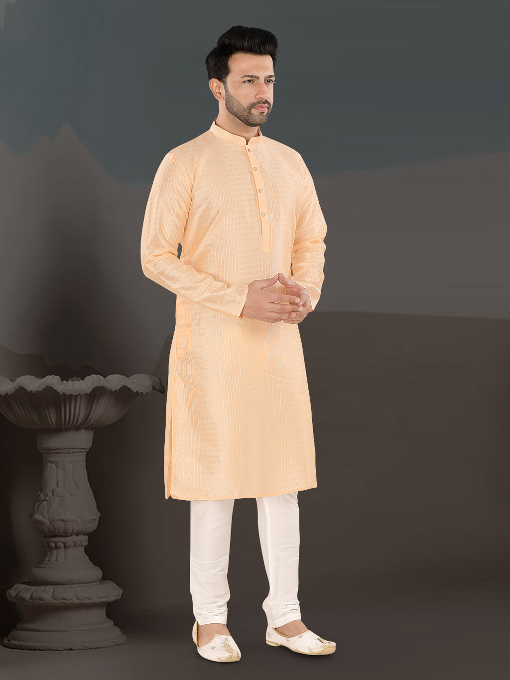 Soft Orange Textured Festive Kurta – Elegant Ethnic Wear for Men (4250)