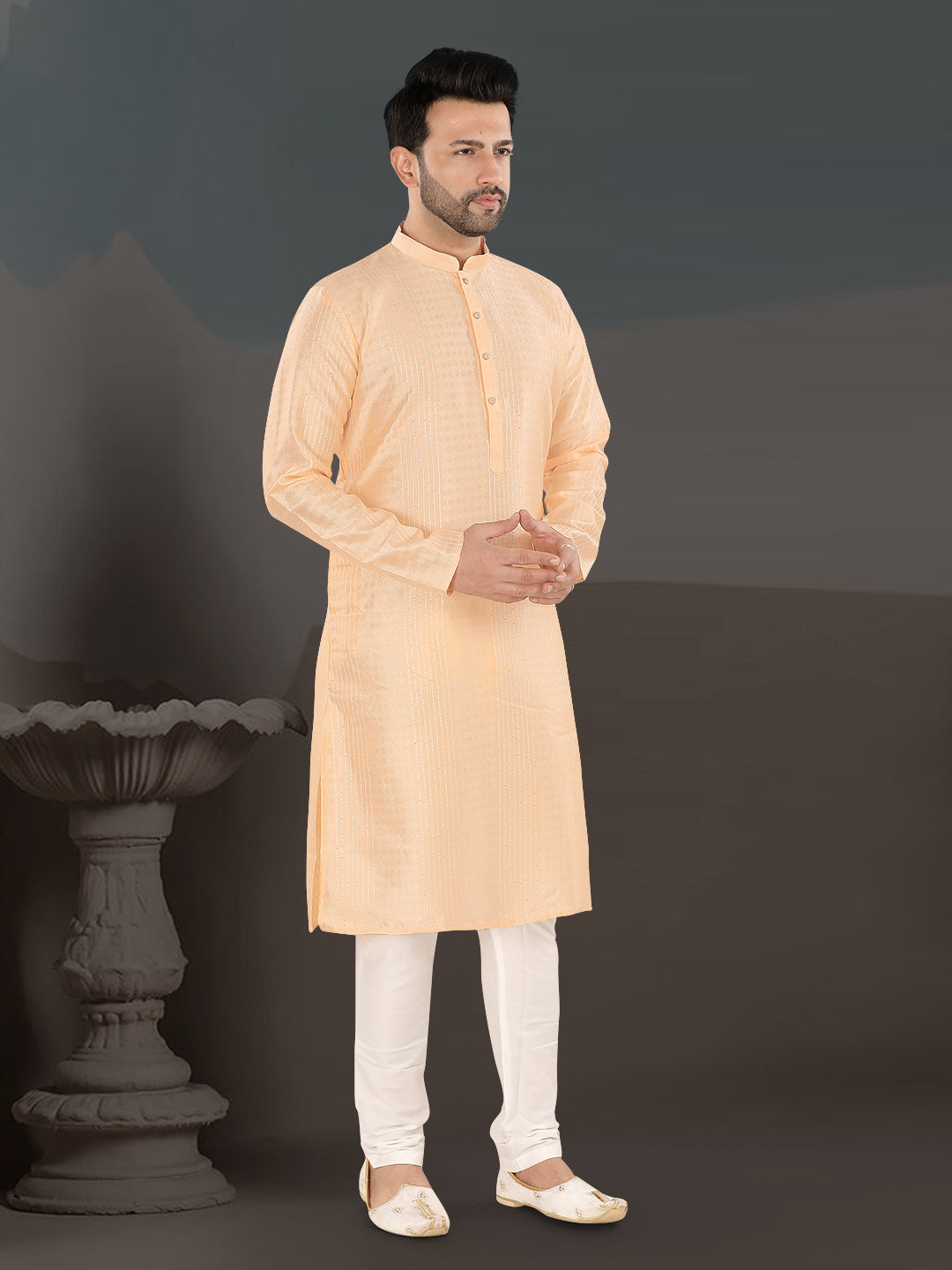 Soft Orange Textured Festive Kurta – Elegant Ethnic Wear for Men (4250)