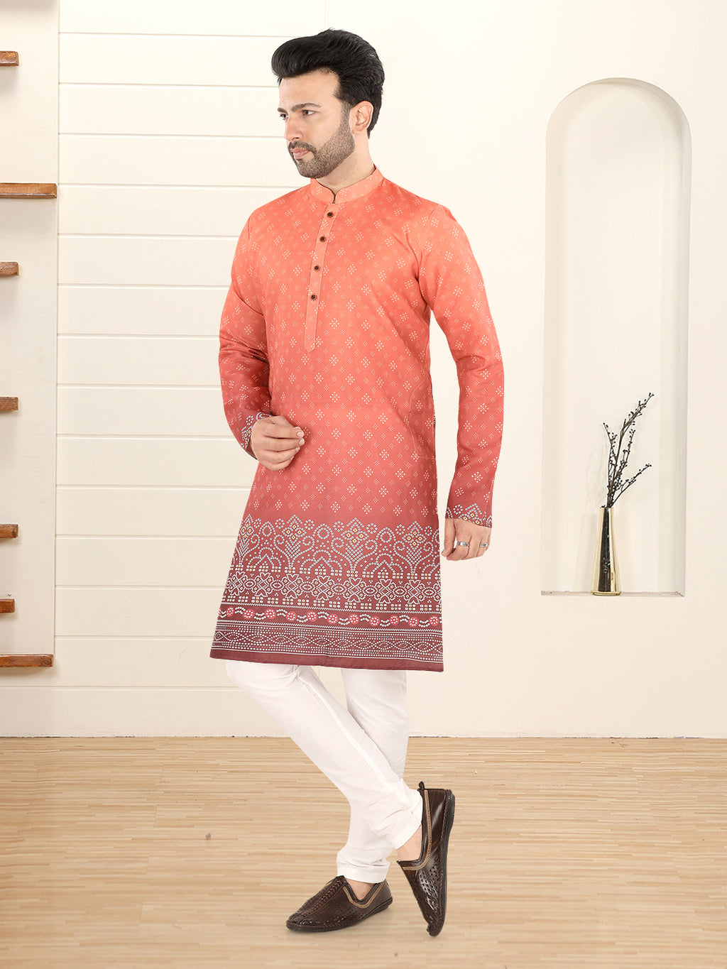 Rust Orange Printed Festive Kurta Set (1901)