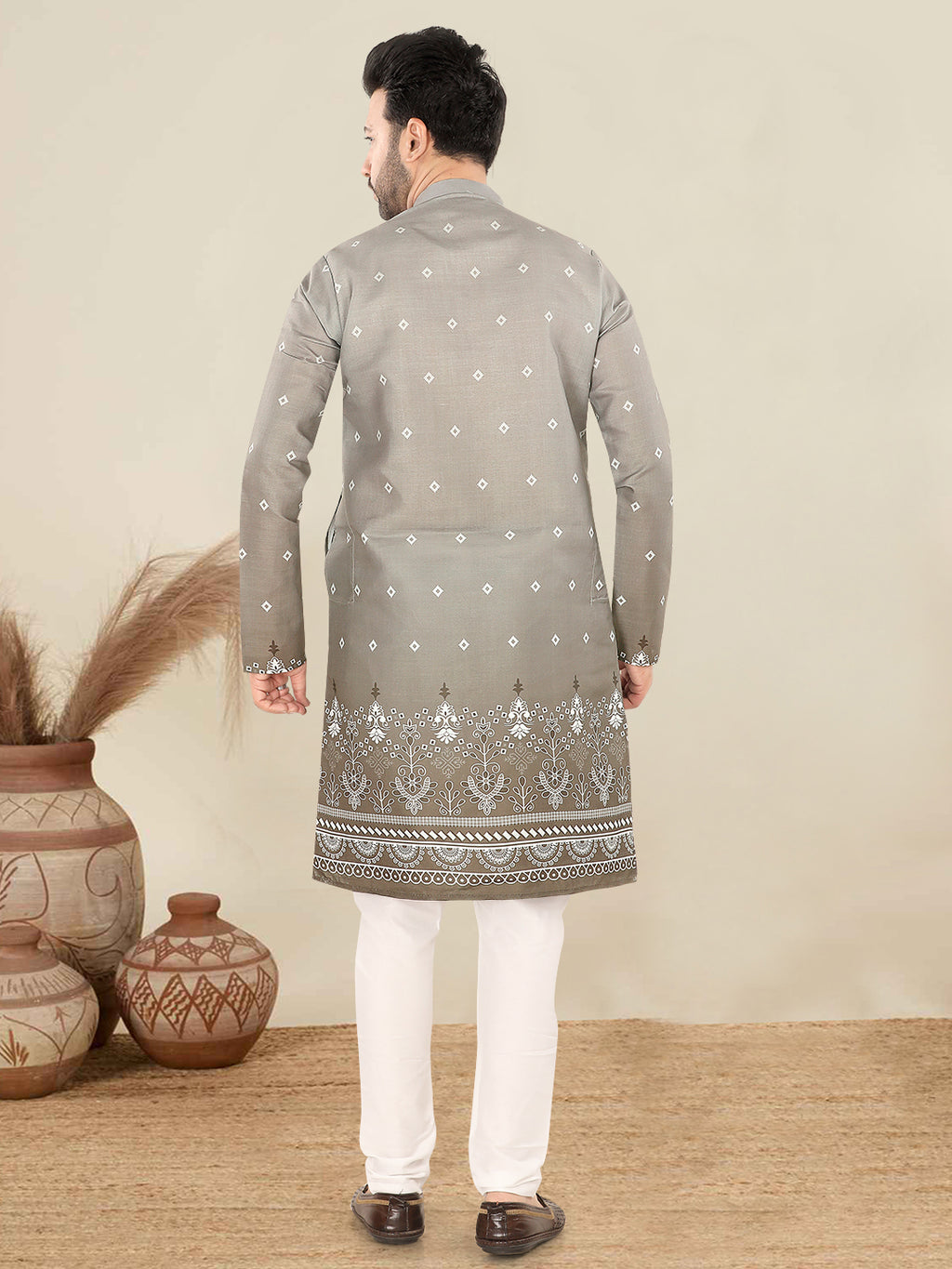 Light Grey Printed Festive Kurta Set (1904)