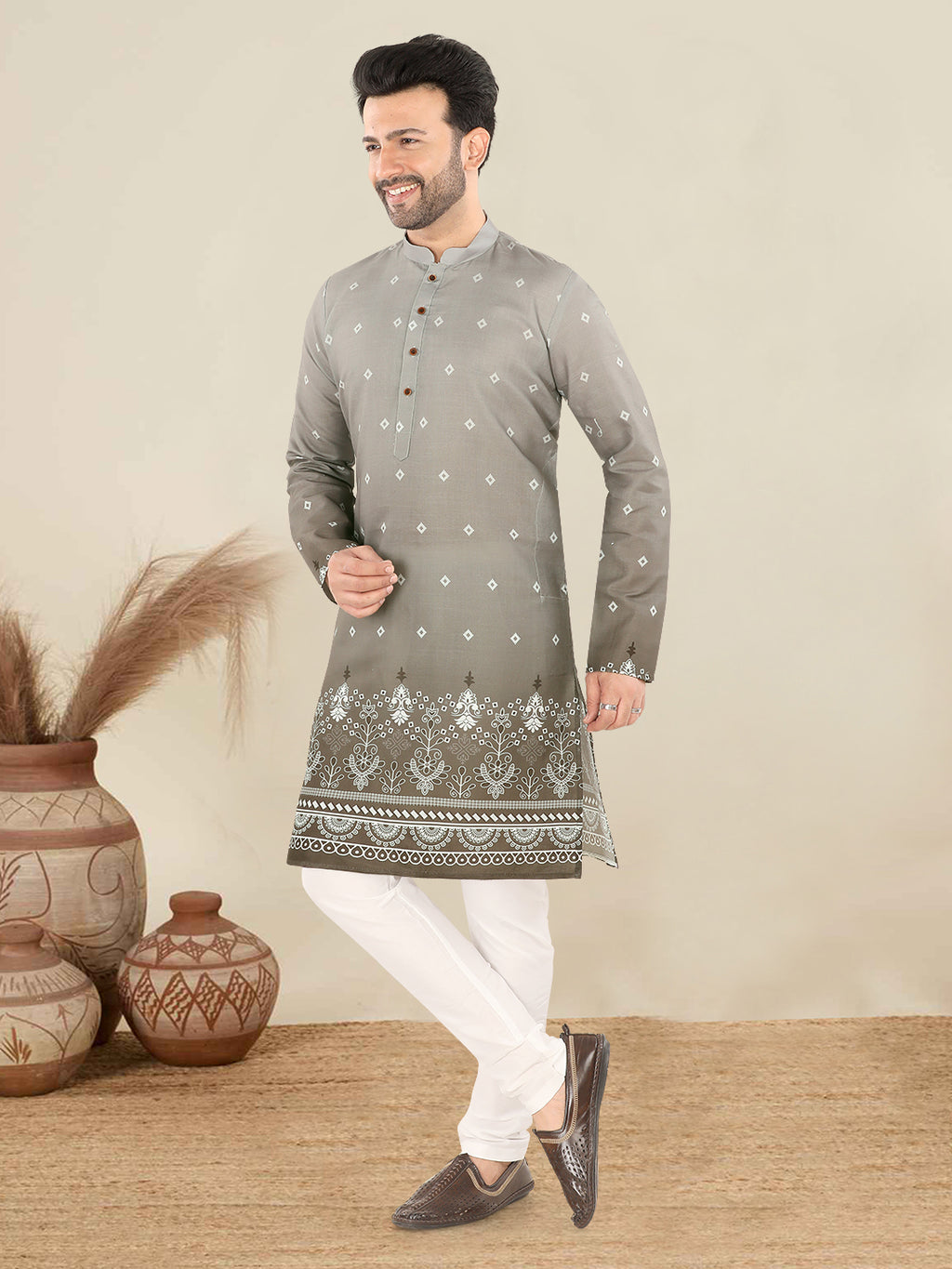 Light Grey Printed Festive Kurta Set (1904)