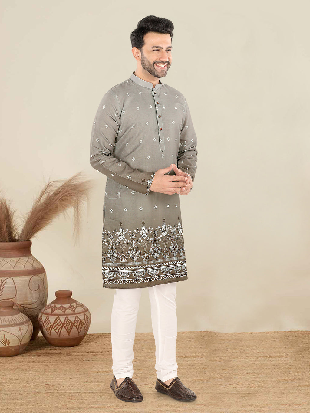Light Grey Printed Festive Kurta Set (1904)
