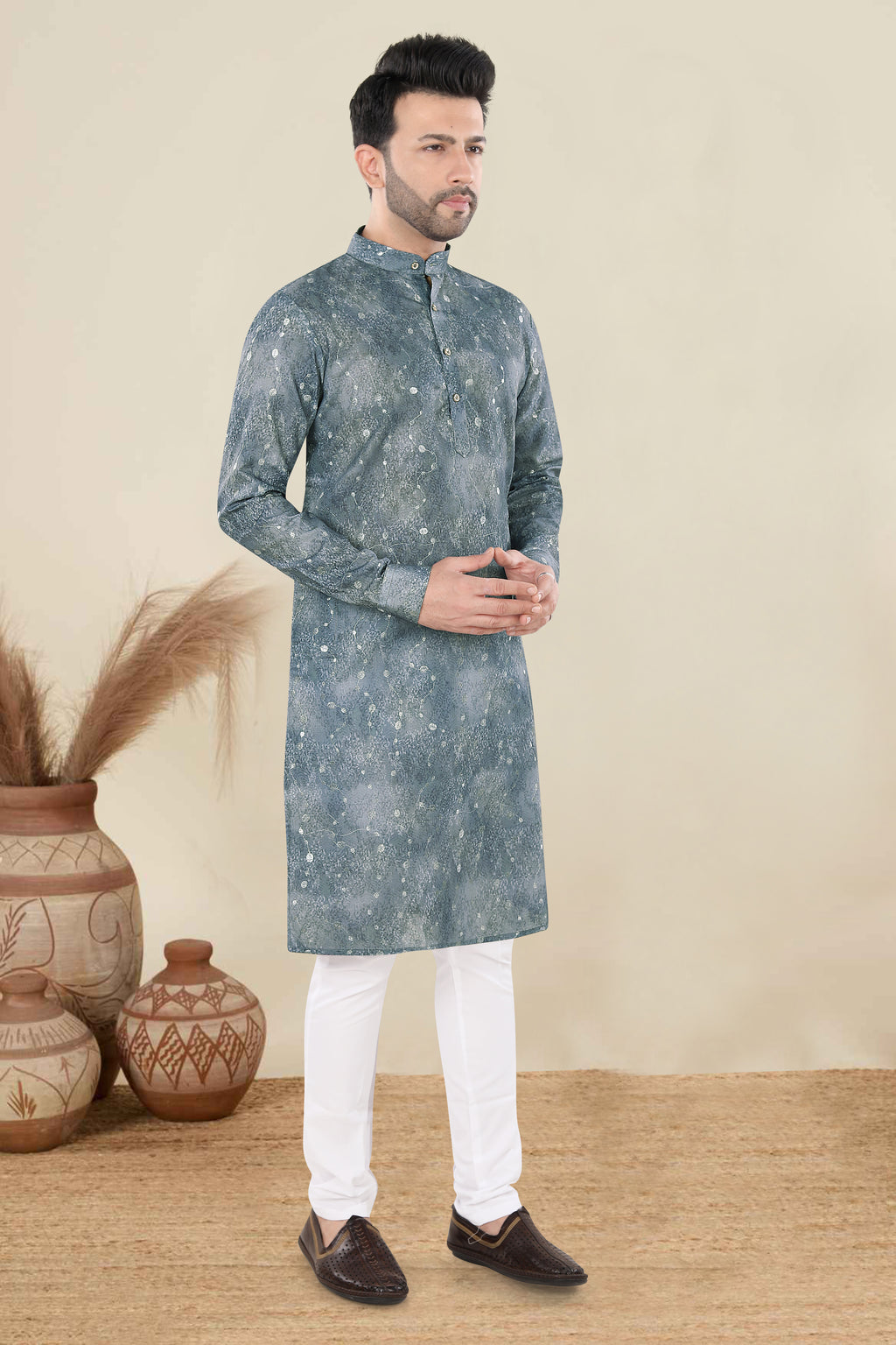 Slate Grey Textured Festive Kurta Set (6425)