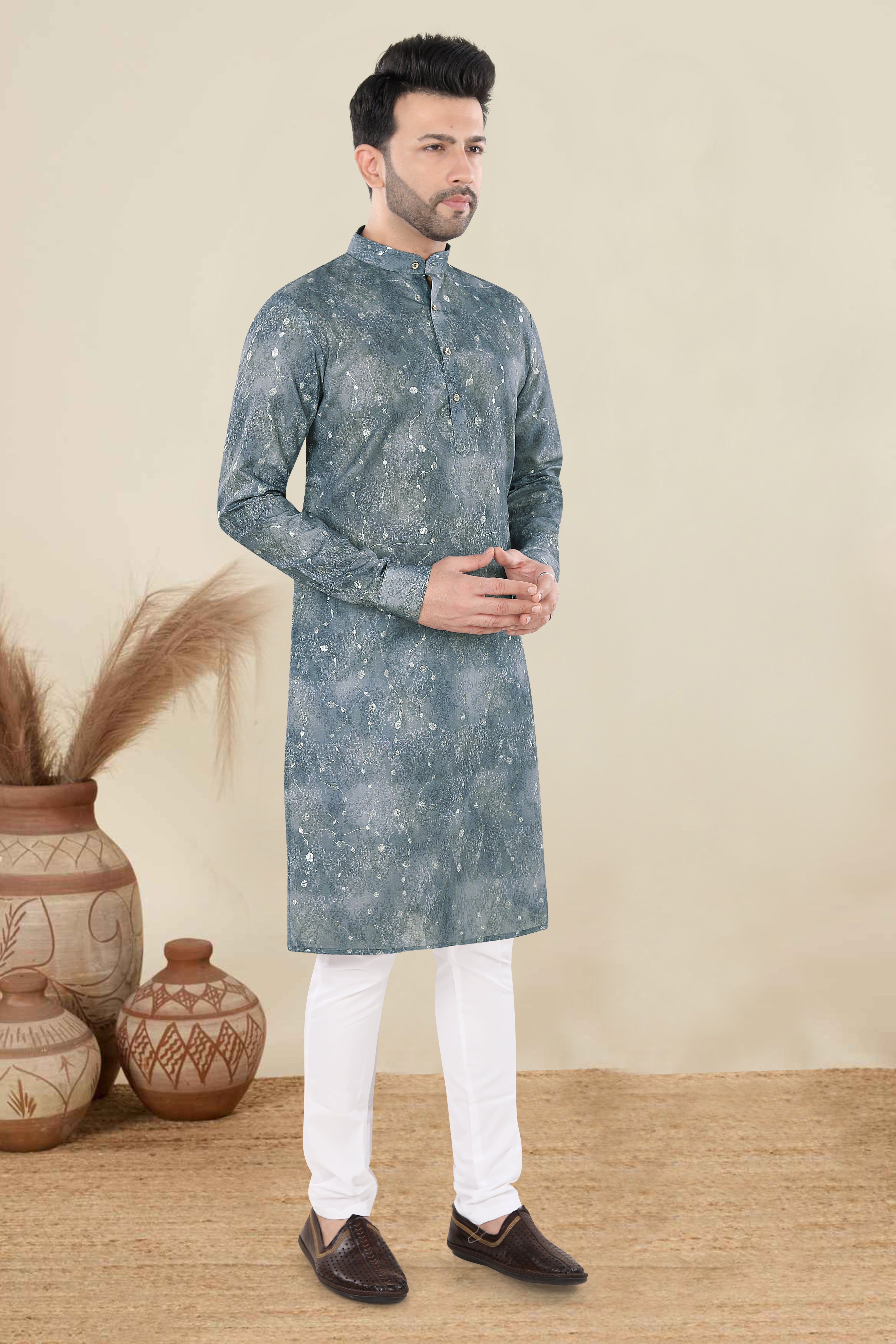 Slate Grey Textured Festive Kurta Set (6425)