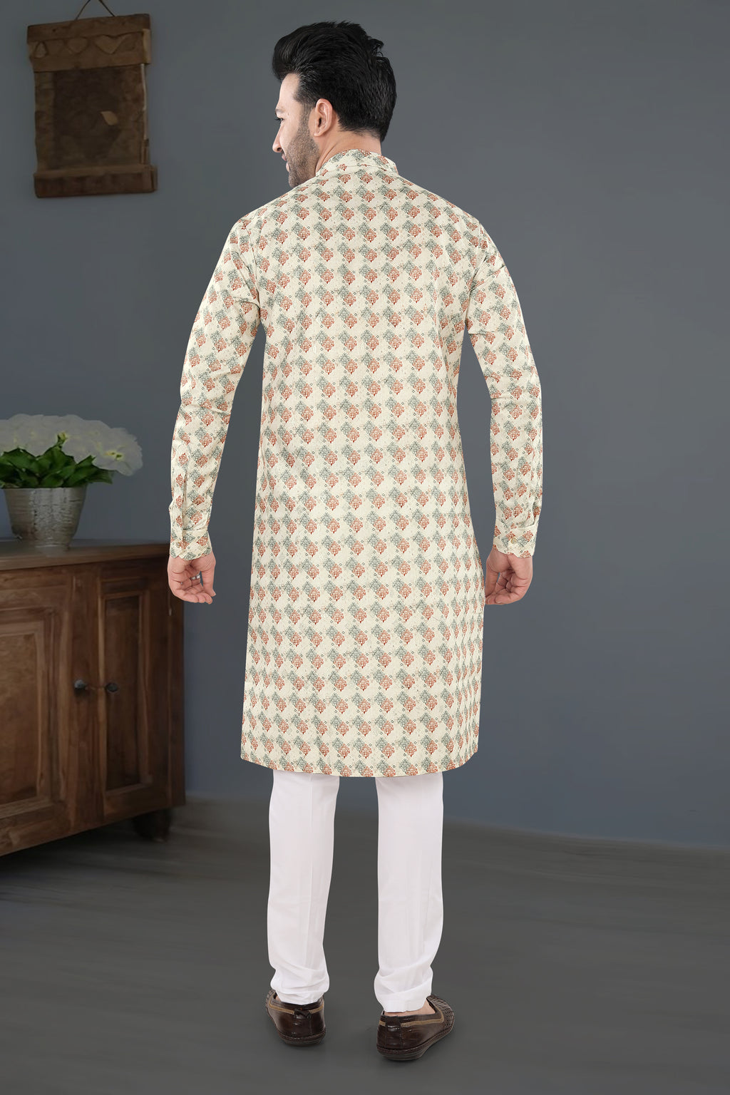 Ivory Orange Printed Festive Kurta Set (6426)
