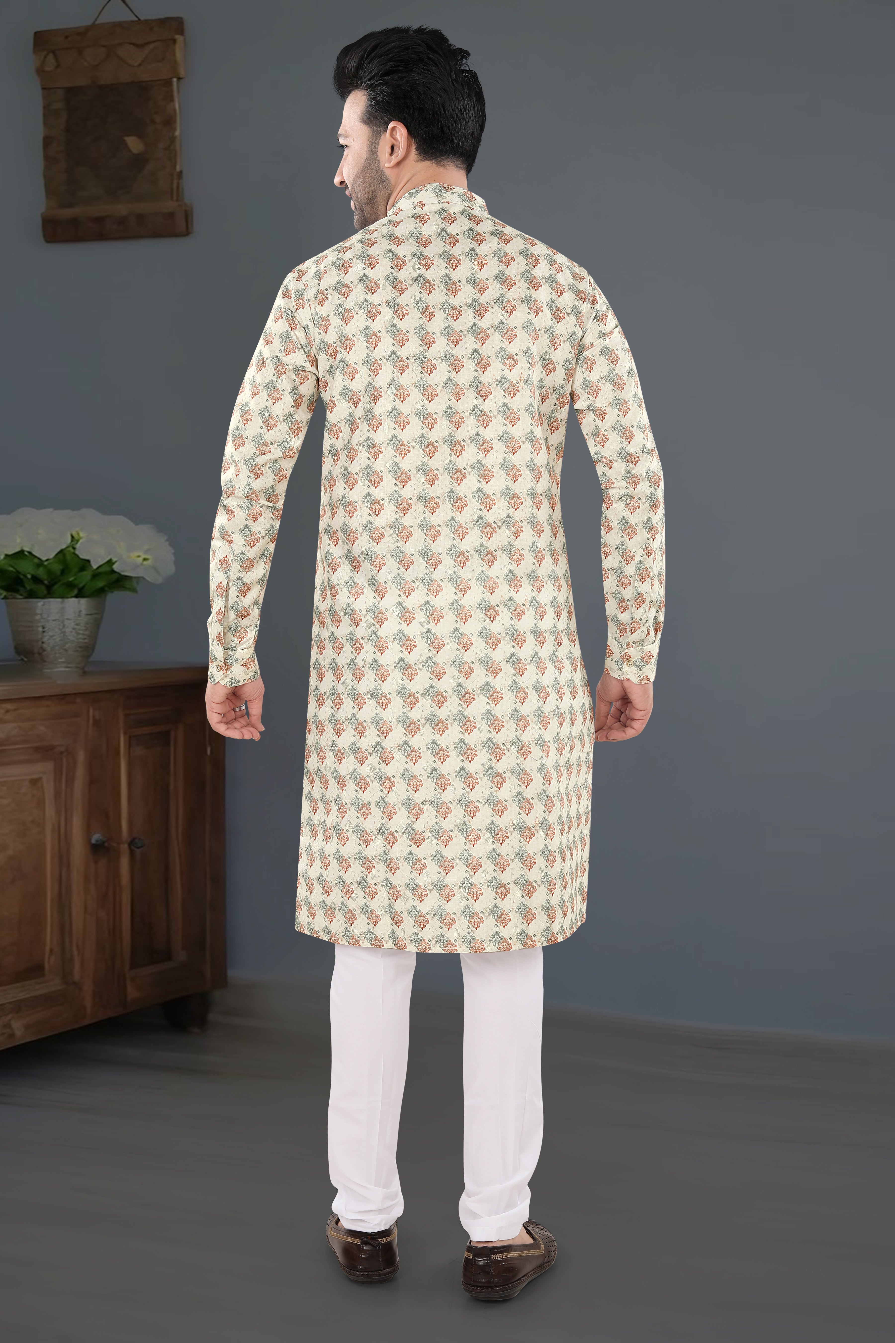 Ivory Orange Printed Festive Kurta Set (6426)