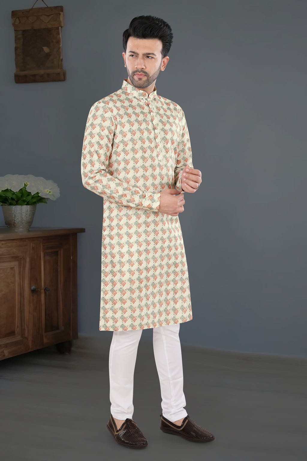 Ivory Orange Printed Festive Kurta Set (6426)
