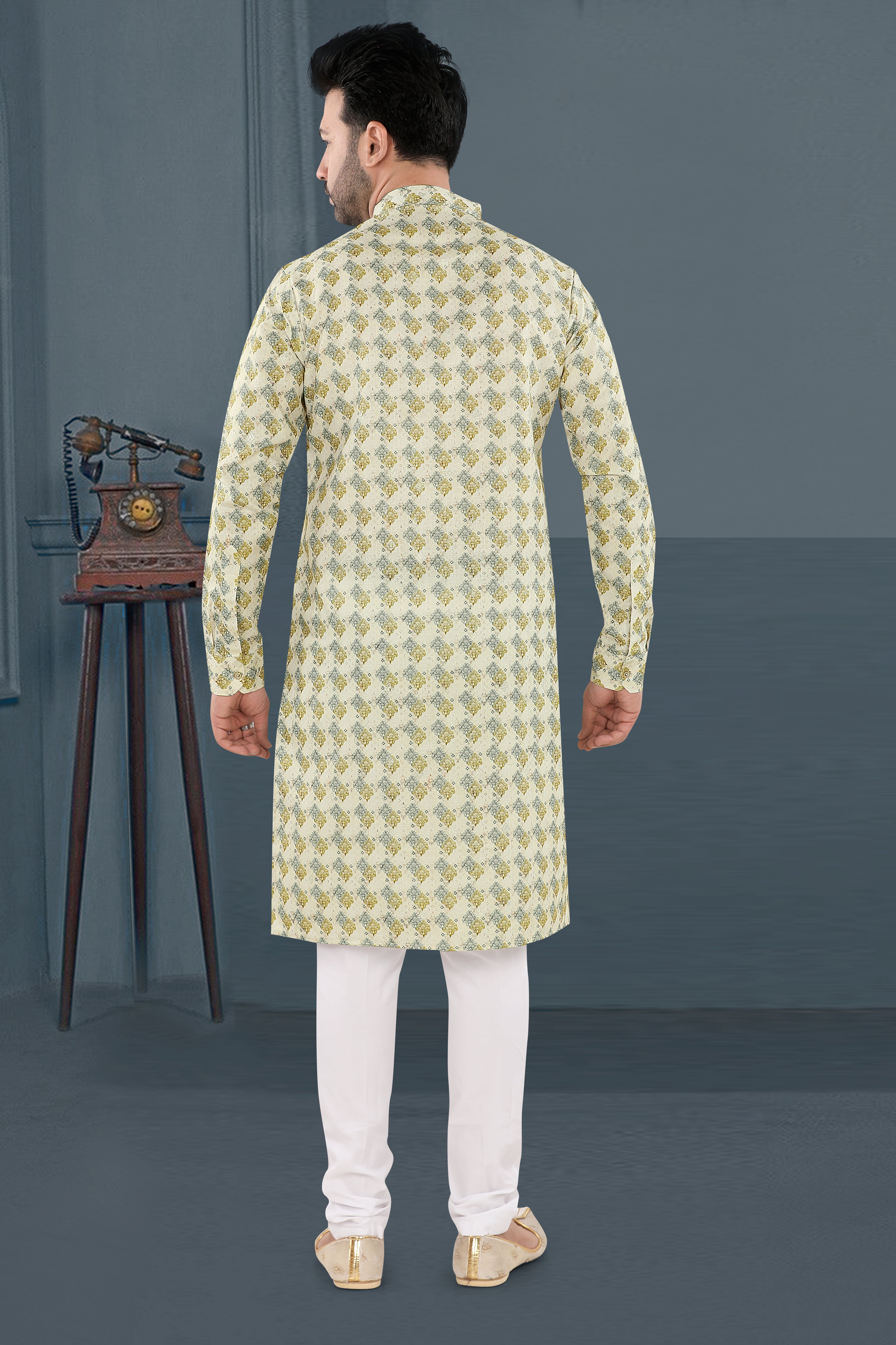 Ivory Yellow-Green Printed Festive Kurta Set(6426)