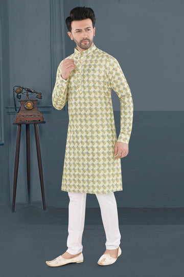 Ivory Yellow-Green Printed Festive Kurta Set(6426)