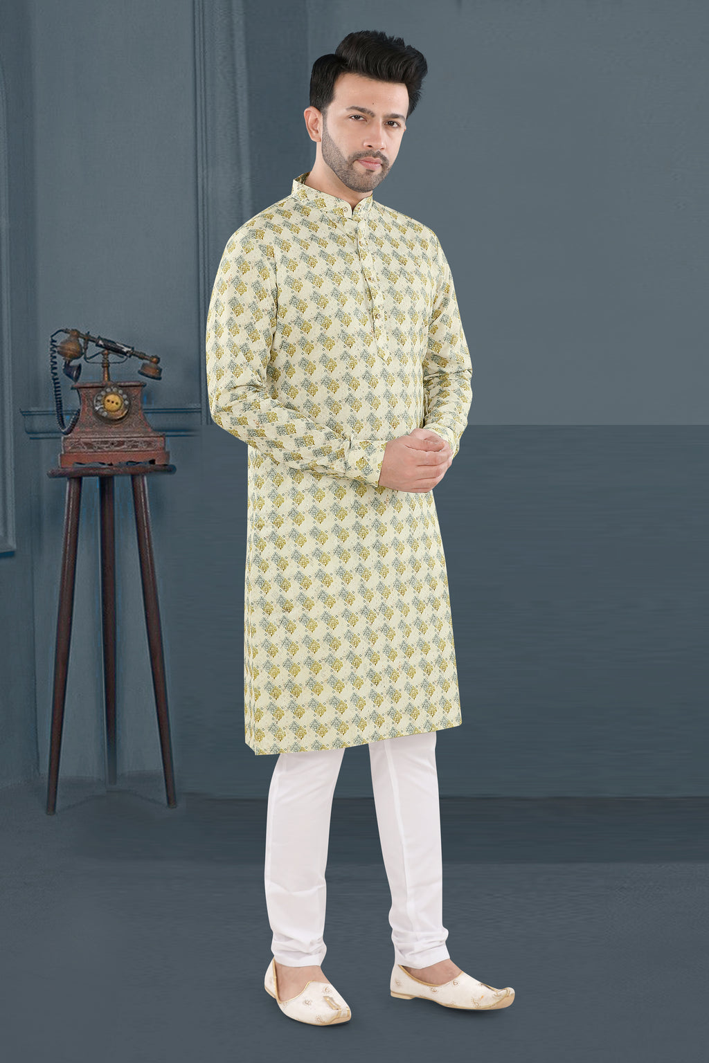 Ivory Yellow-Green Printed Festive Kurta Set(6426)