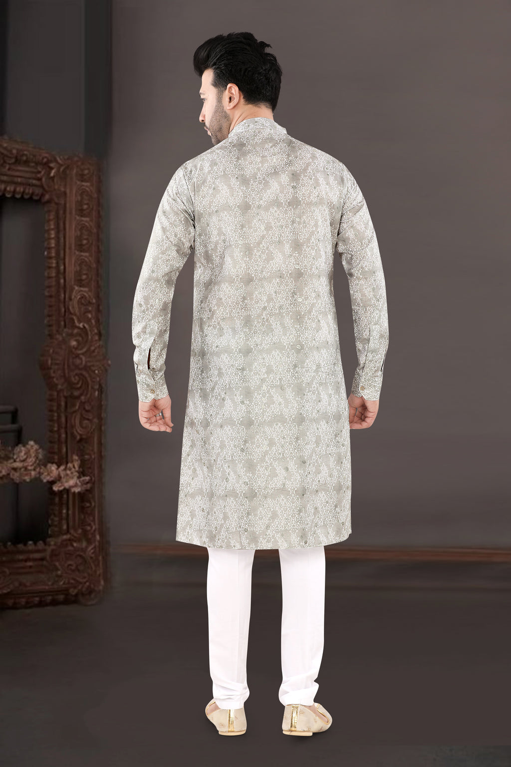 Light Grey All-Over Jacquard Festive Kurta Set (6438)