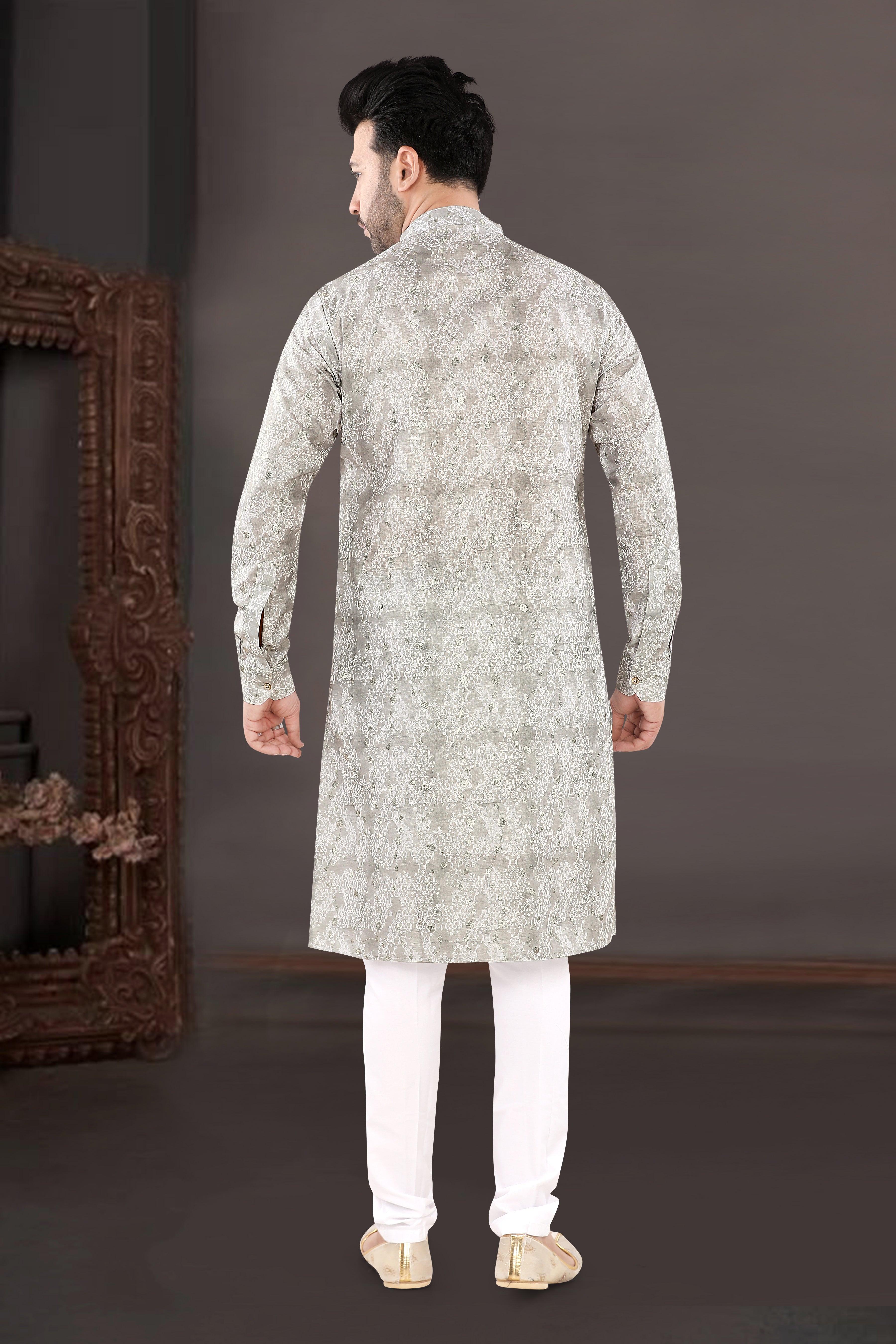 Light Grey All-Over Jacquard Festive Kurta Set (6438)