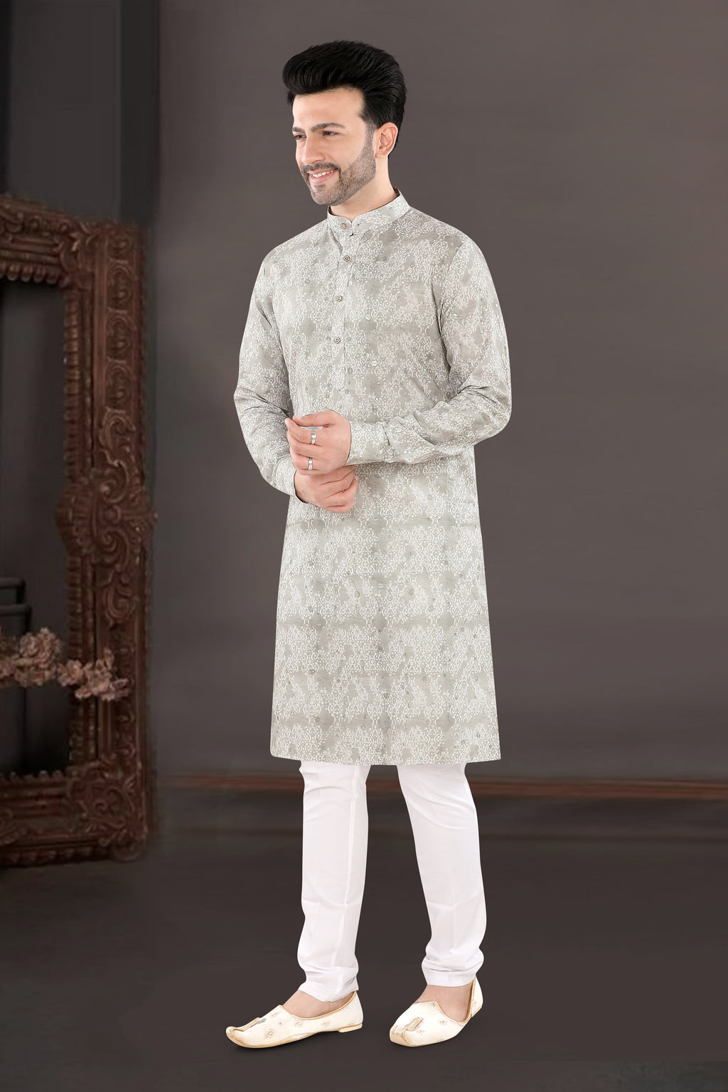 Light Grey All-Over Jacquard Festive Kurta Set (6438)