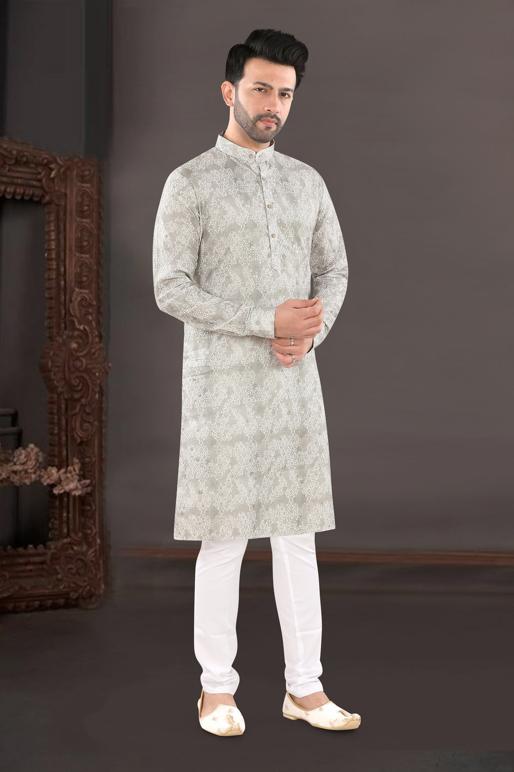 Light Grey All-Over Jacquard Festive Kurta Set (6438)