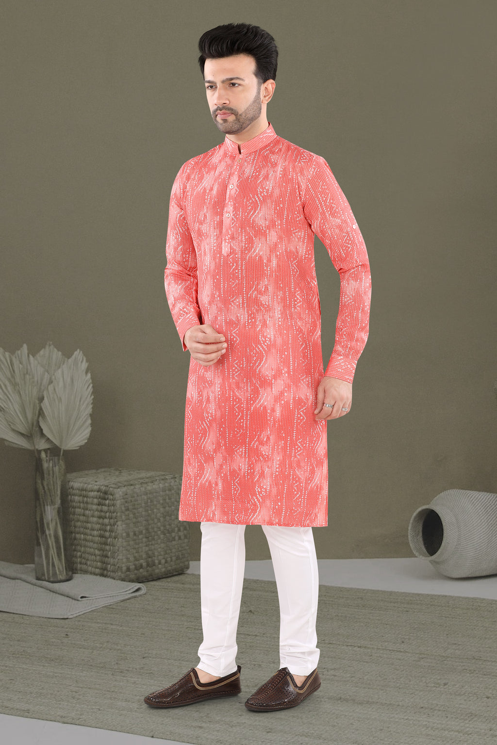Peach Textured Print Festive Kurta (20138)