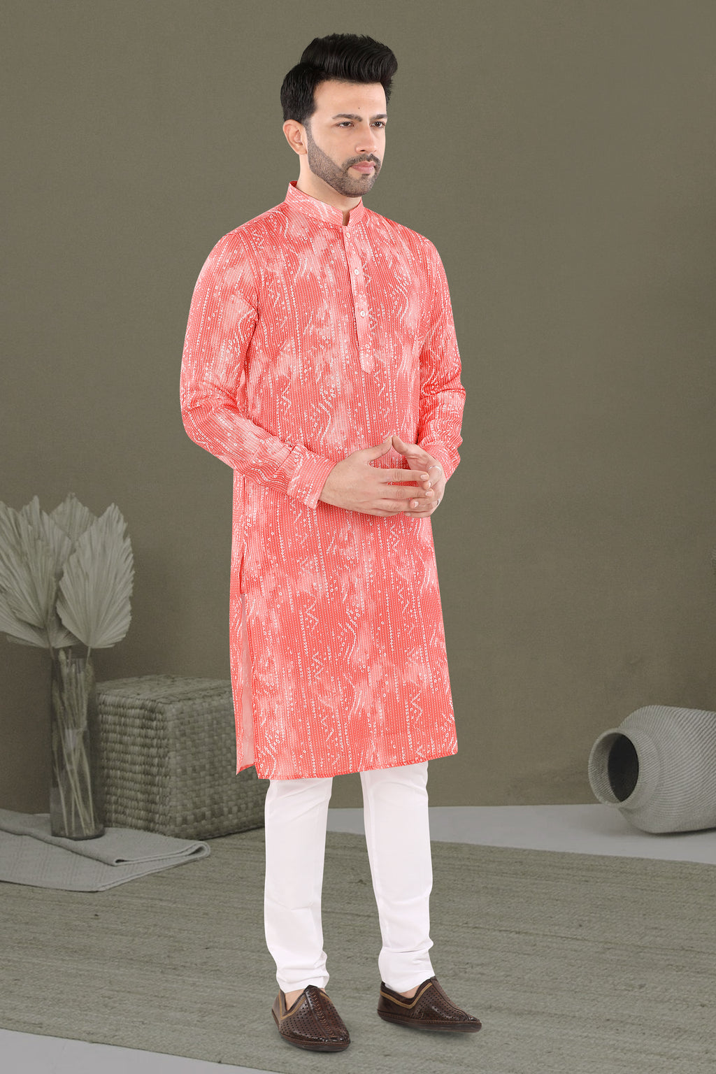 Peach Textured Print Festive Kurta (20138)