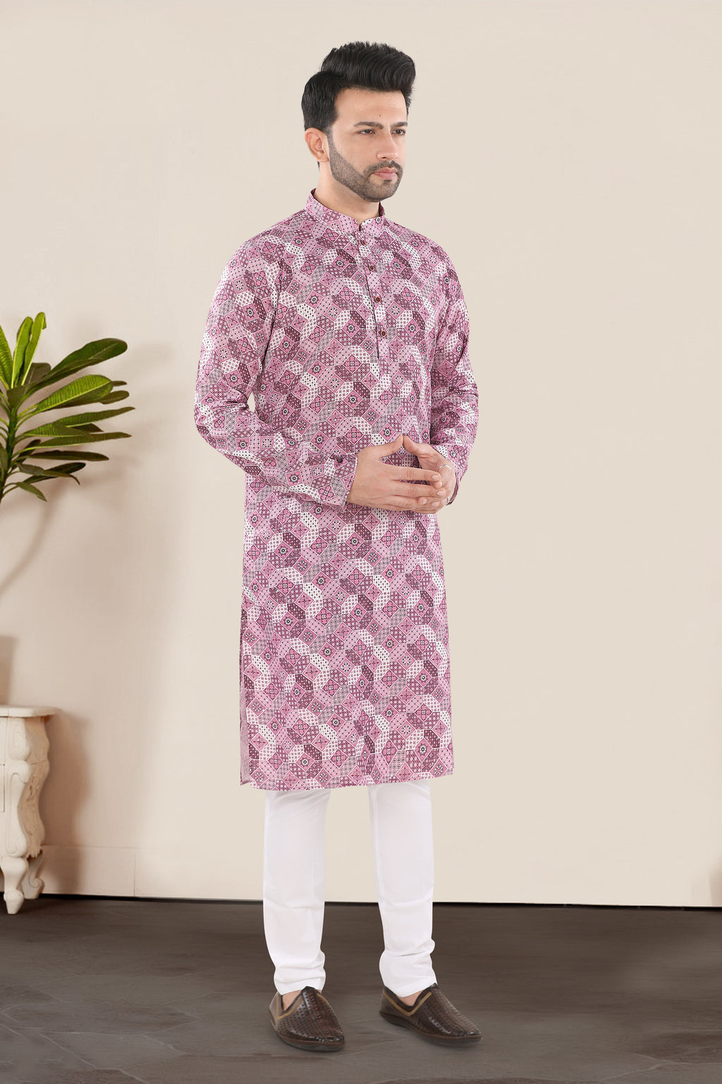 Rose Pink Geometric Printed Festive Kurta Set (5179)